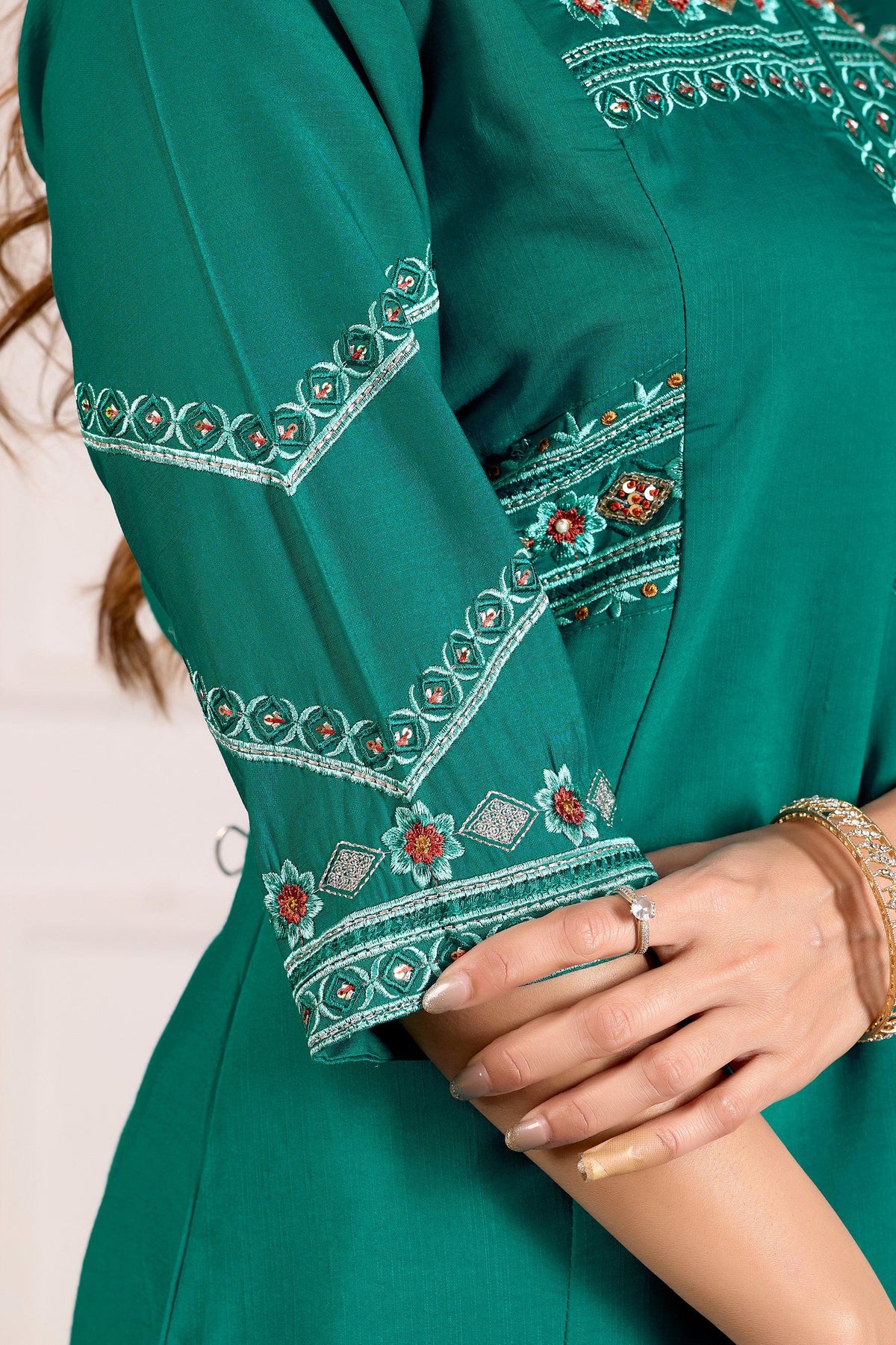 Teal Viscose Mango Silk Kurta Palazzo Set with Multi Embroidery