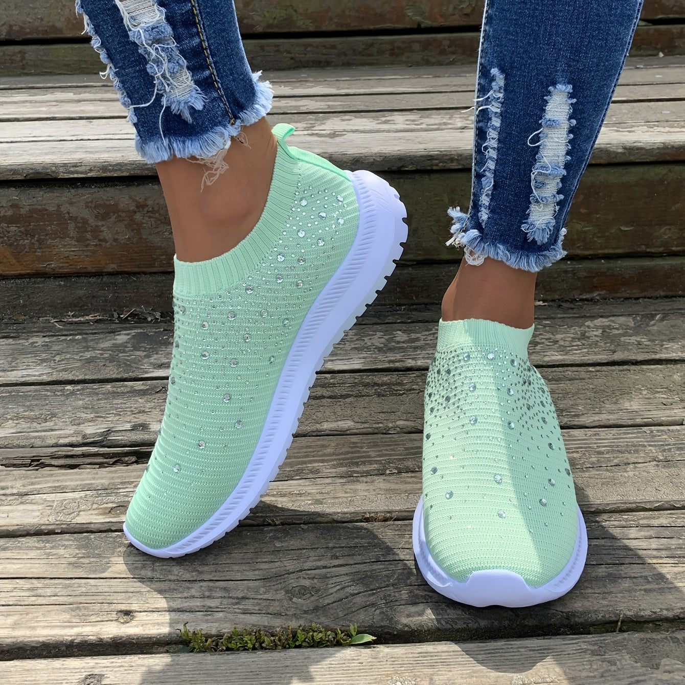 Women's Rhinestone Rainbow Color Block Breathable Mesh Sneakers - Image 10