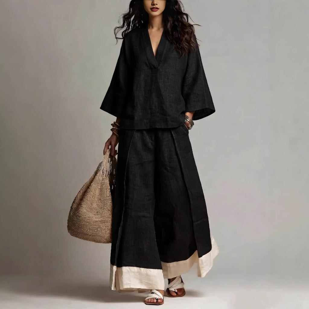 Cotton-Linen V-Neck Two-Piece Set: Wide-Leg Pants & 3/4 Sleeve Top