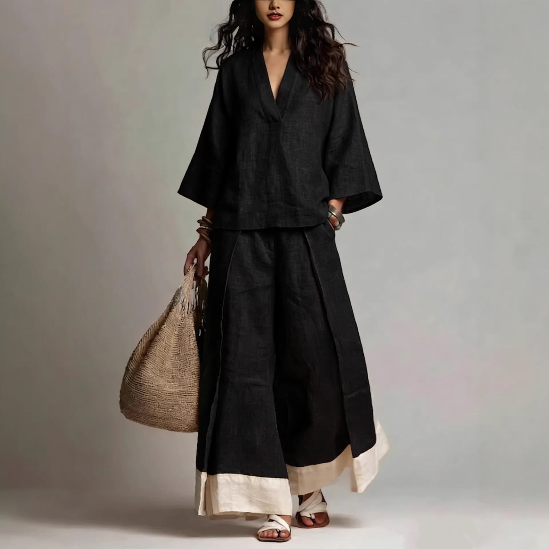 Cotton-Linen V-Neck Two-Piece Set: Wide-Leg Pants & 3/4 Sleeve Top