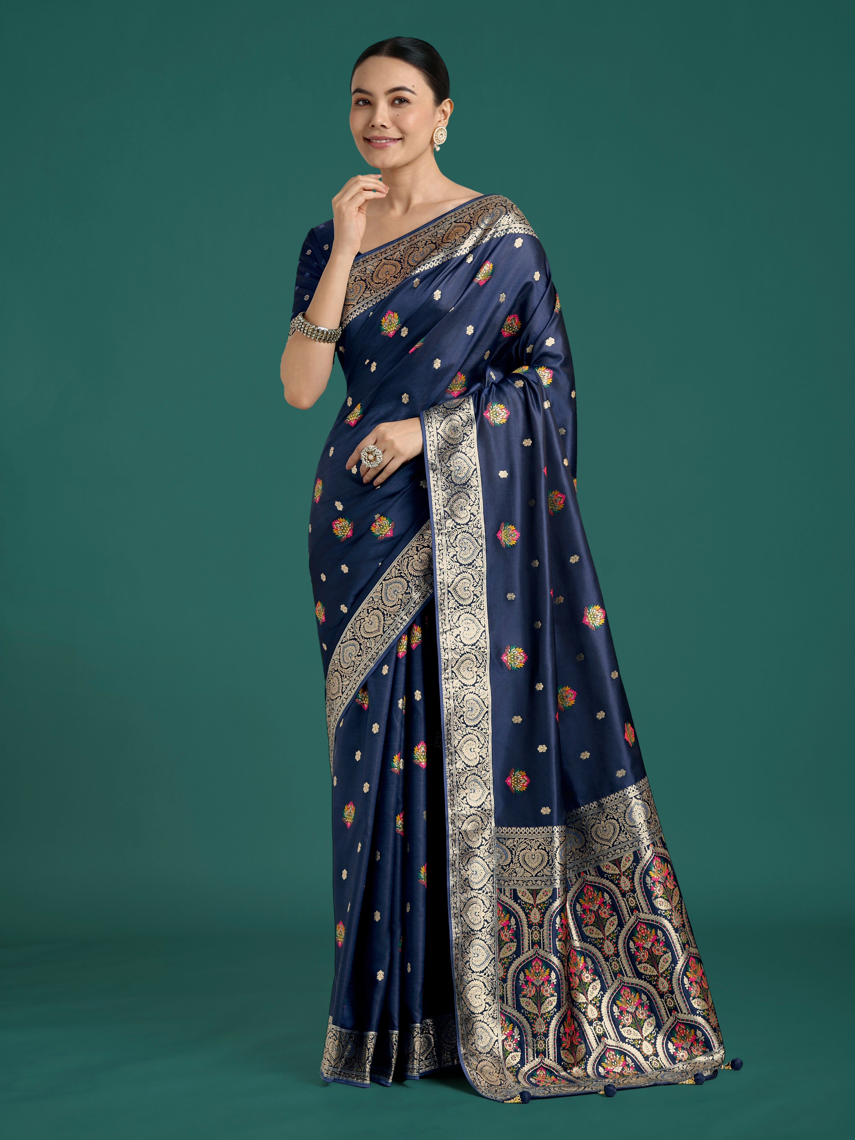 Navy Blue Banarasi Satin Silk Saree with designer Zari weaving and a matching blouse piece.
