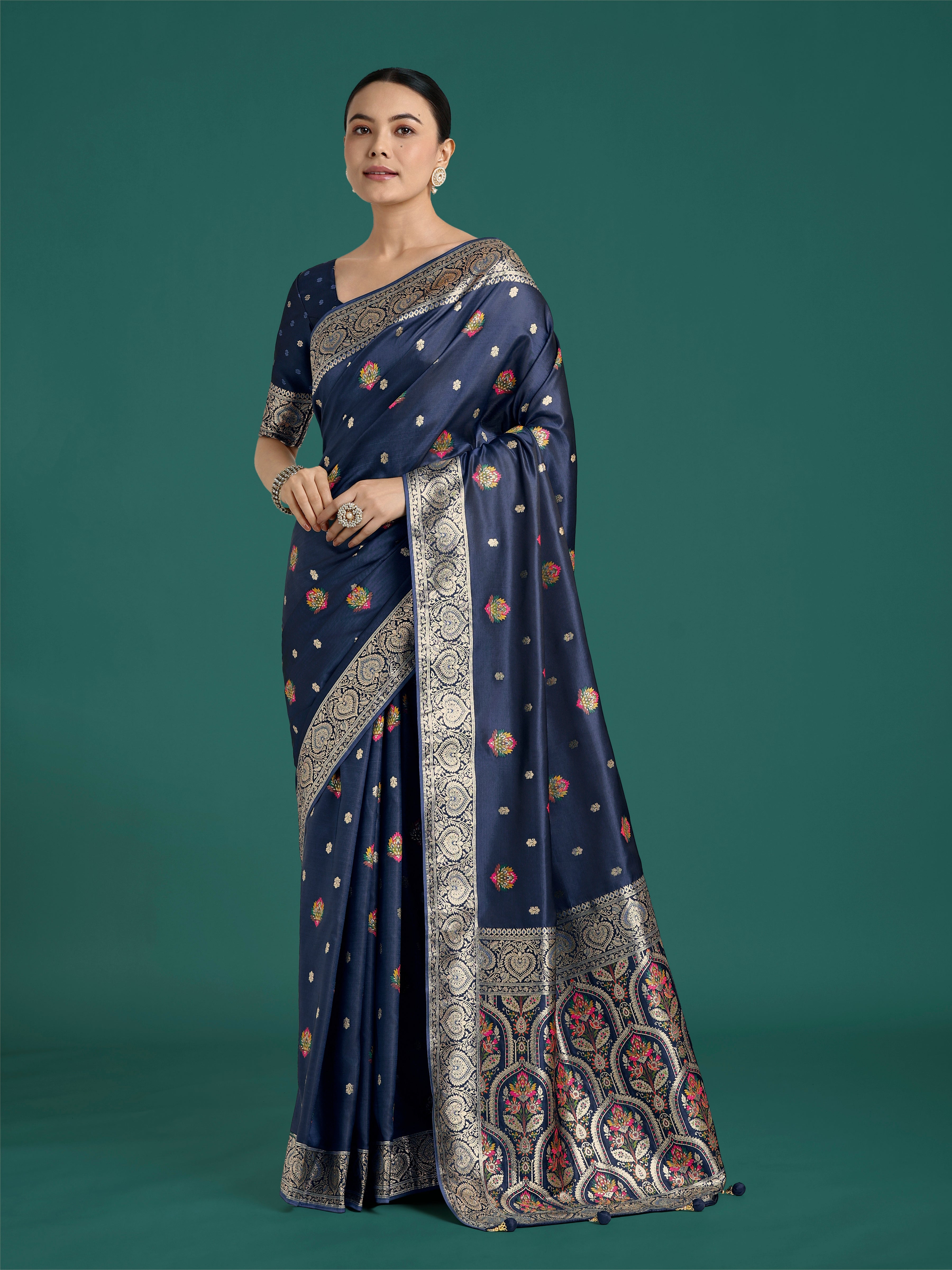 Navy Blue Banarasi Satin Silk Saree with Blouse Piece