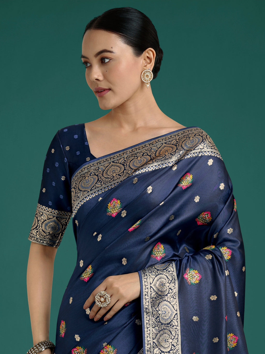Navy Blue Banarasi Satin Silk Saree with Blouse Piece