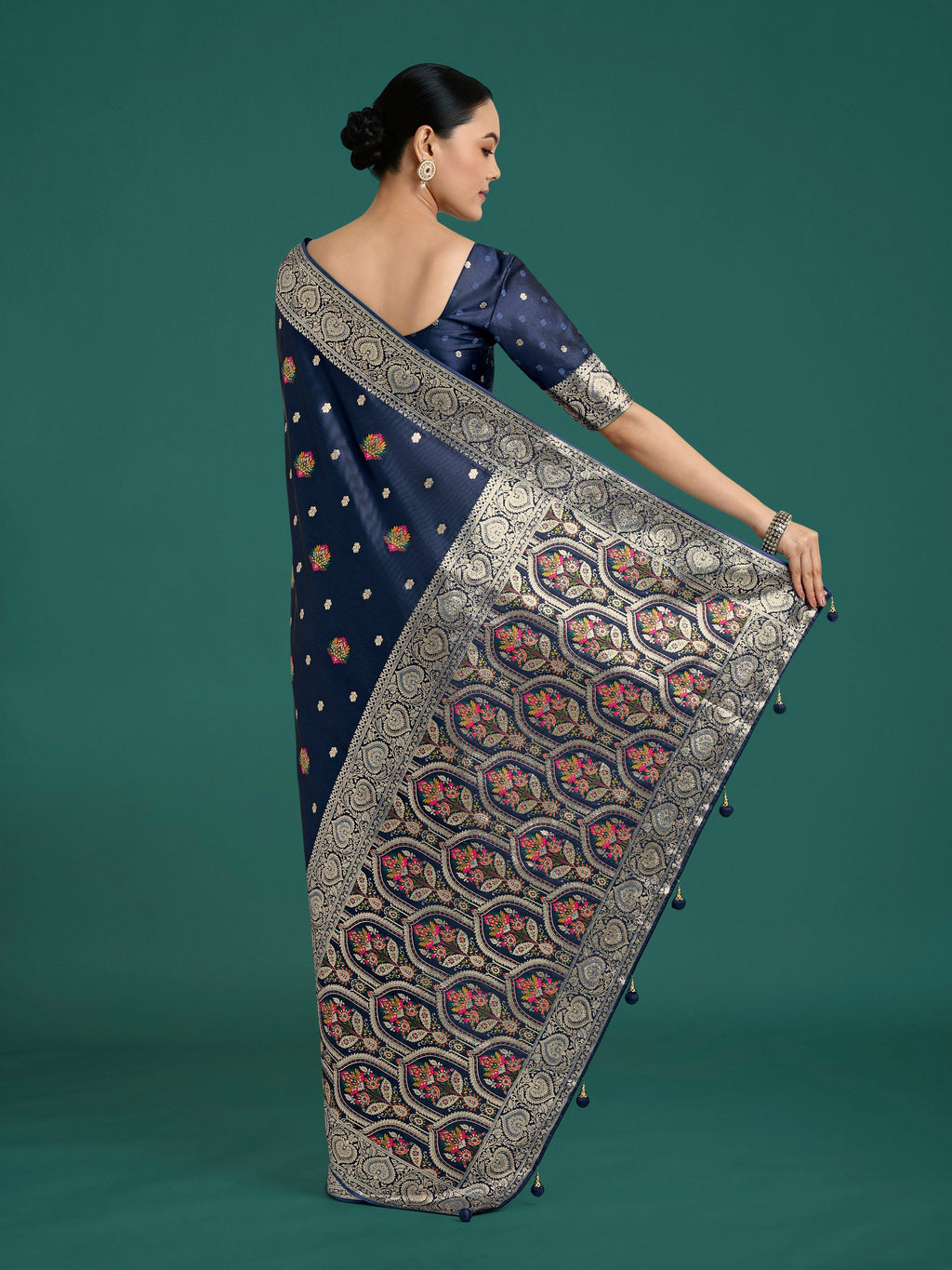 Navy Blue Banarasi Satin Silk Saree with Blouse Piece