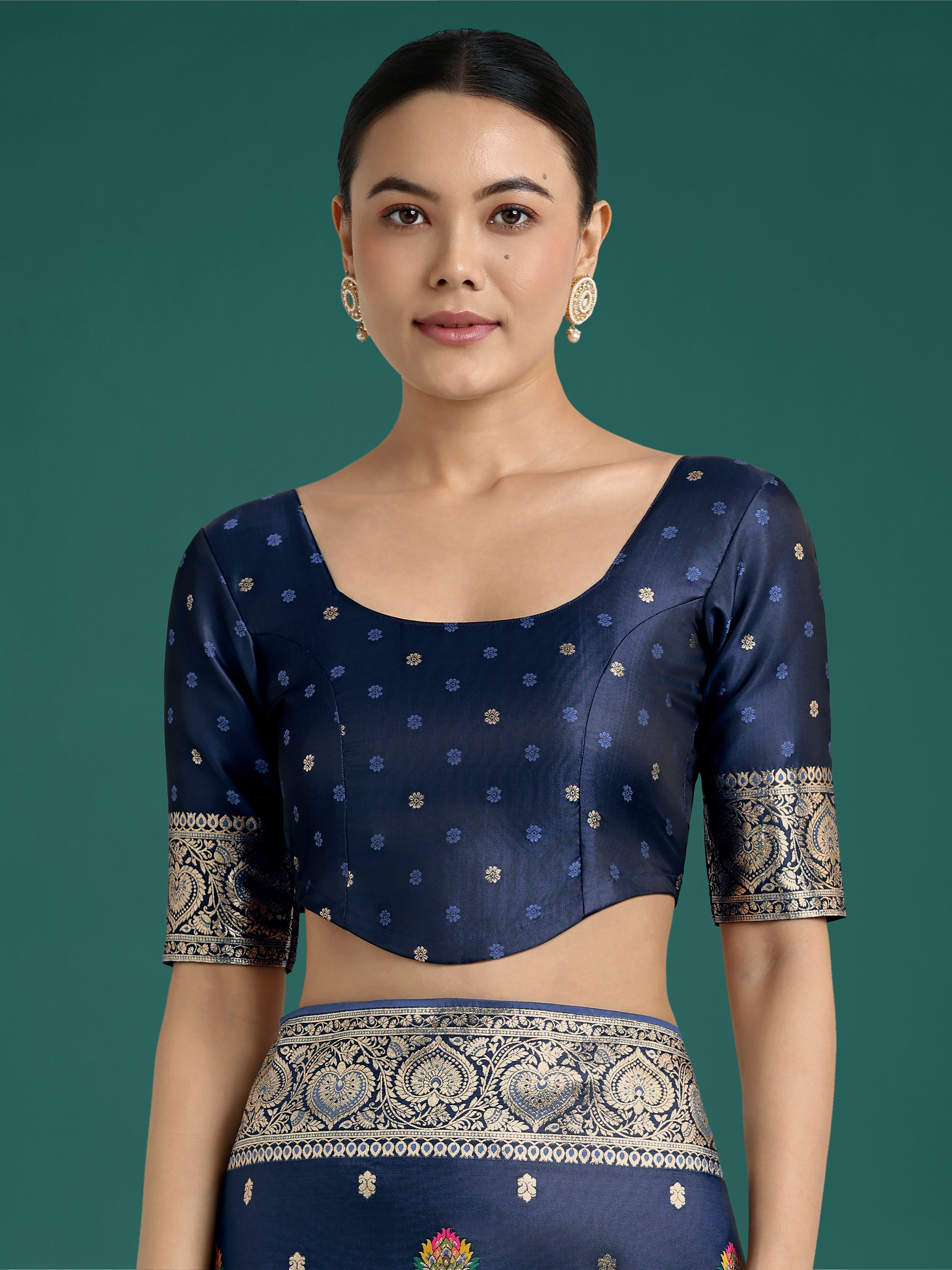 Navy Blue Banarasi Satin Silk Saree with Blouse Piece