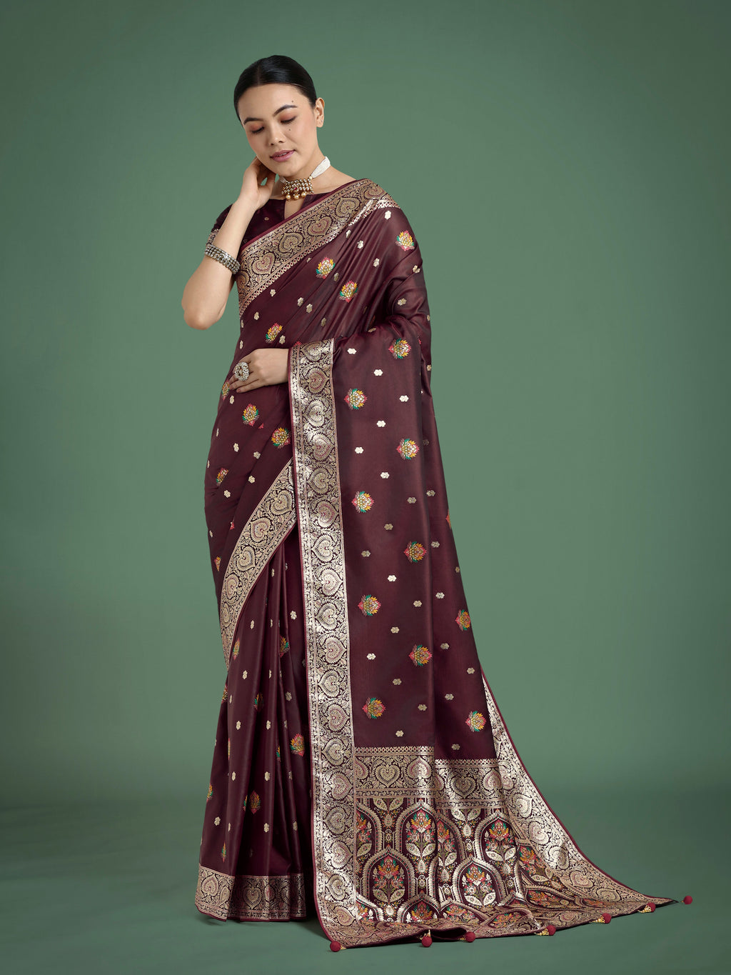 Maroon Banarasi Satin Silk Saree with Zari weaving and matching blouse