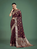 Maroon Banarasi Satin Silk Saree with Zari weaving and matching blouse