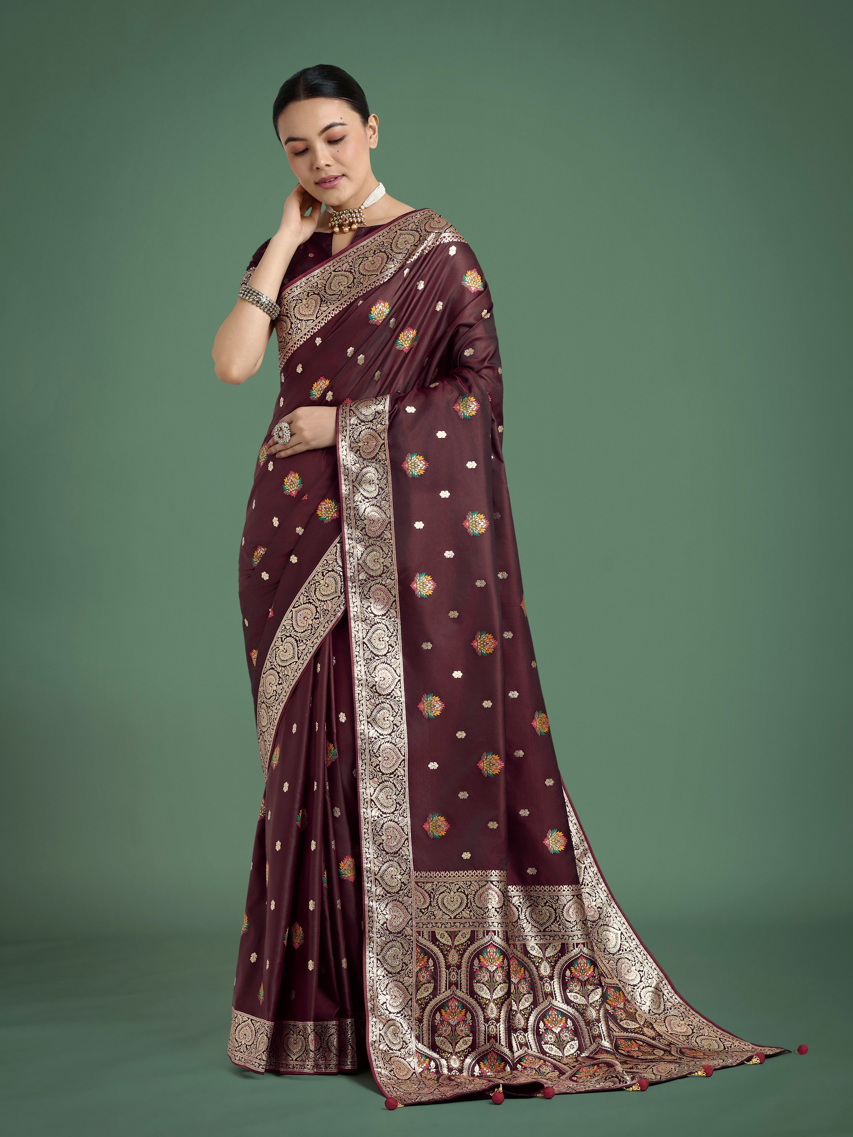 Maroon Banarasi Satin Silk Saree with Zari weaving and matching blouse