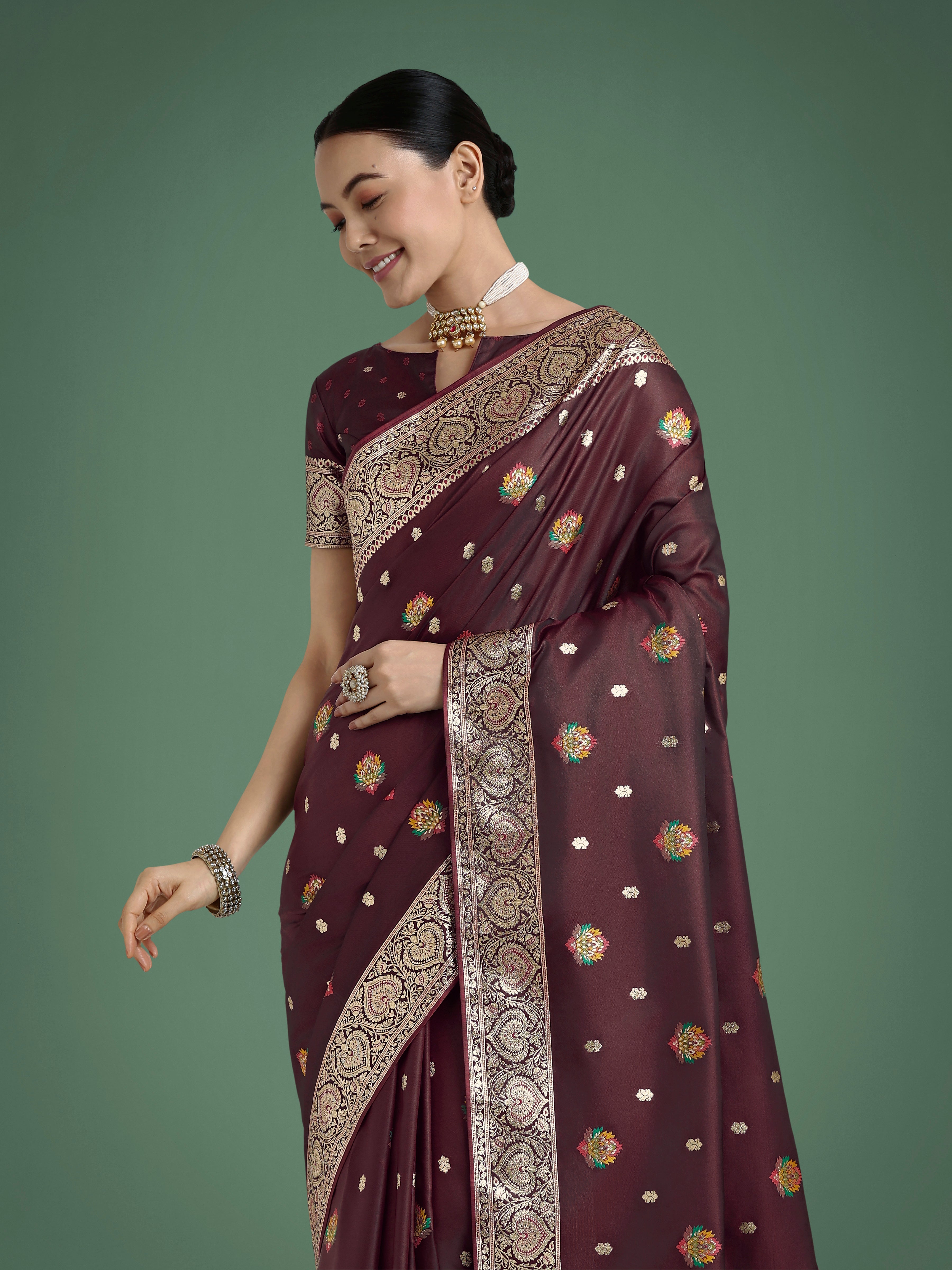 Maroon Soft Banarasi Zari Woven Satin Silk Saree with Blouse