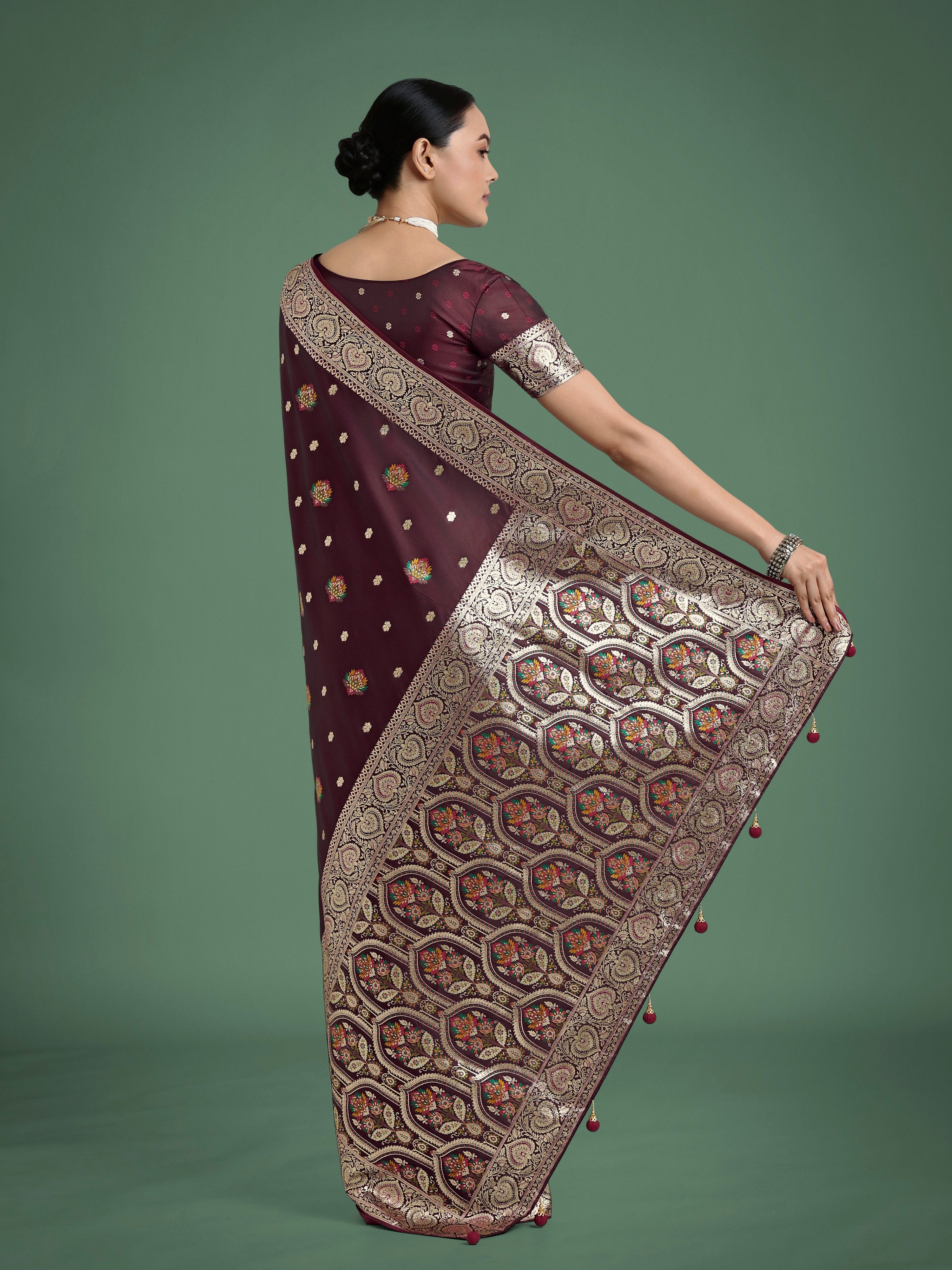 Maroon Soft Banarasi Zari Woven Satin Silk Saree with Blouse