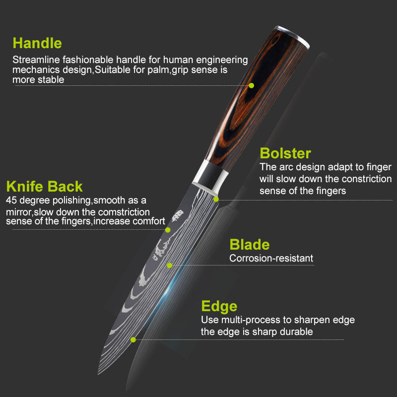 Modern Damascus Style Kitchen Knife Set Silver Brown Black
