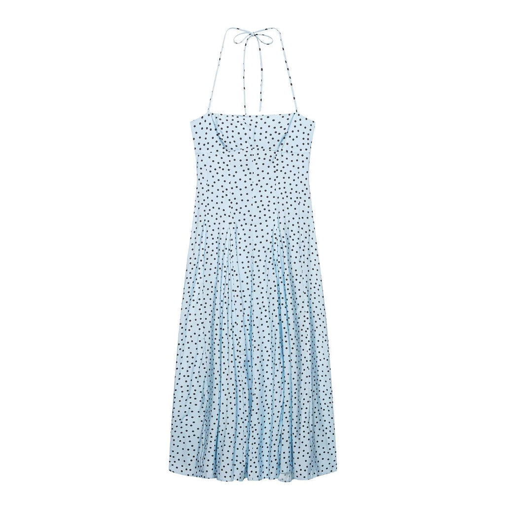 Women Clothing Summer Polka Dot Hanging Collar Fluffy Midi Dress