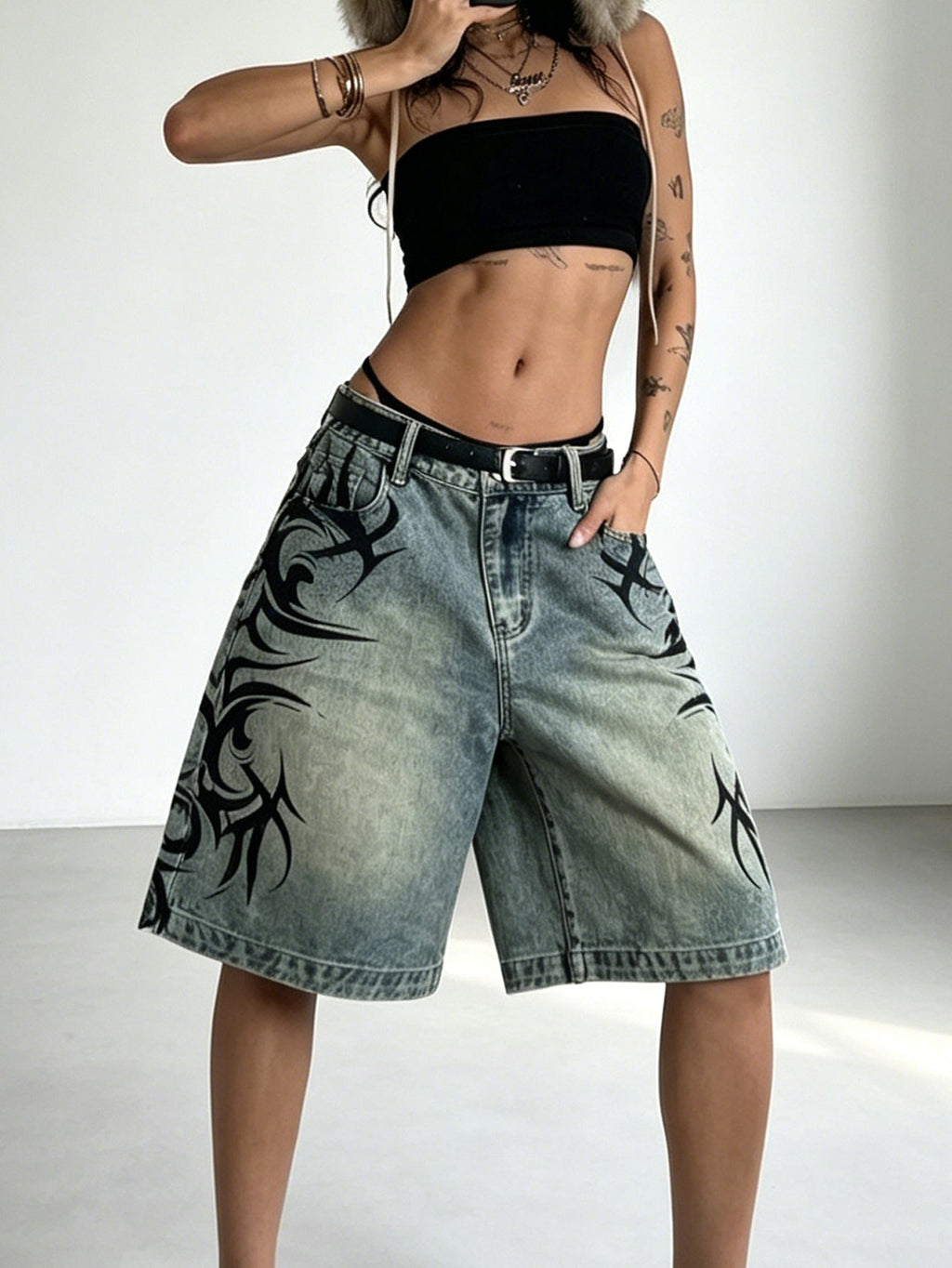 Gothic Vintage Print Hip Hop Street Loose Fifth Jeans