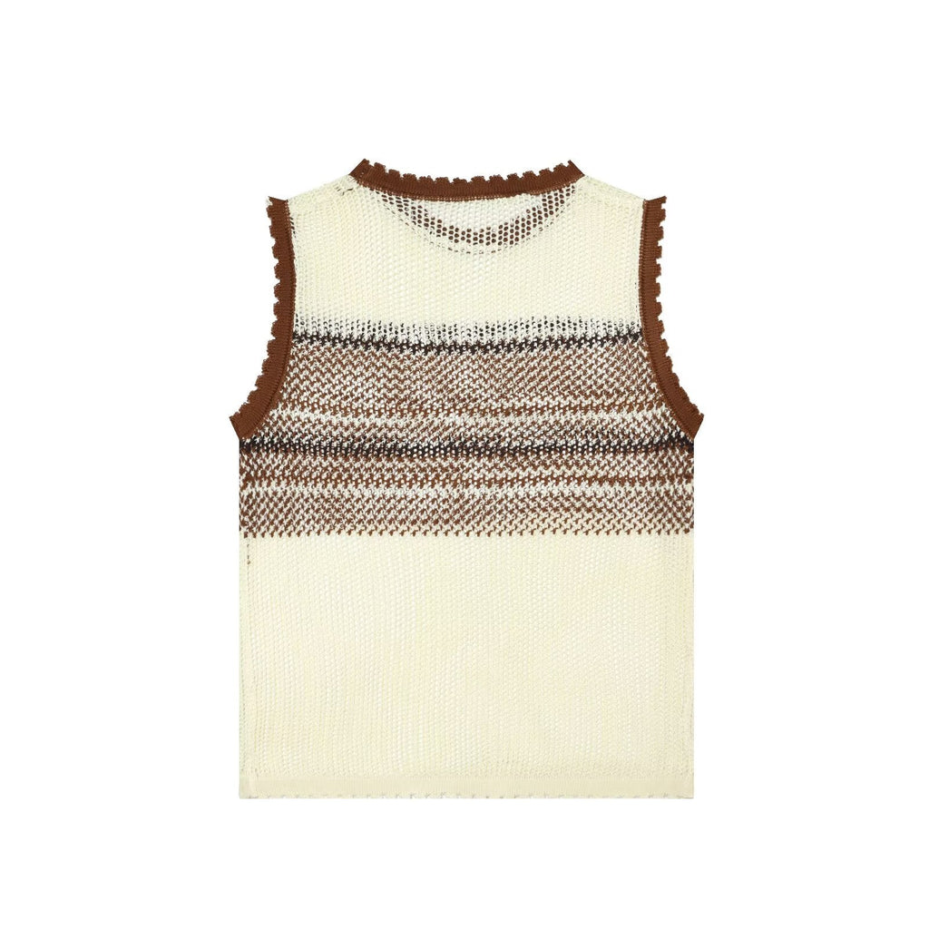 Women Clothing Summer Artistic Contrast Color Design round Neck Knitted Vest Top