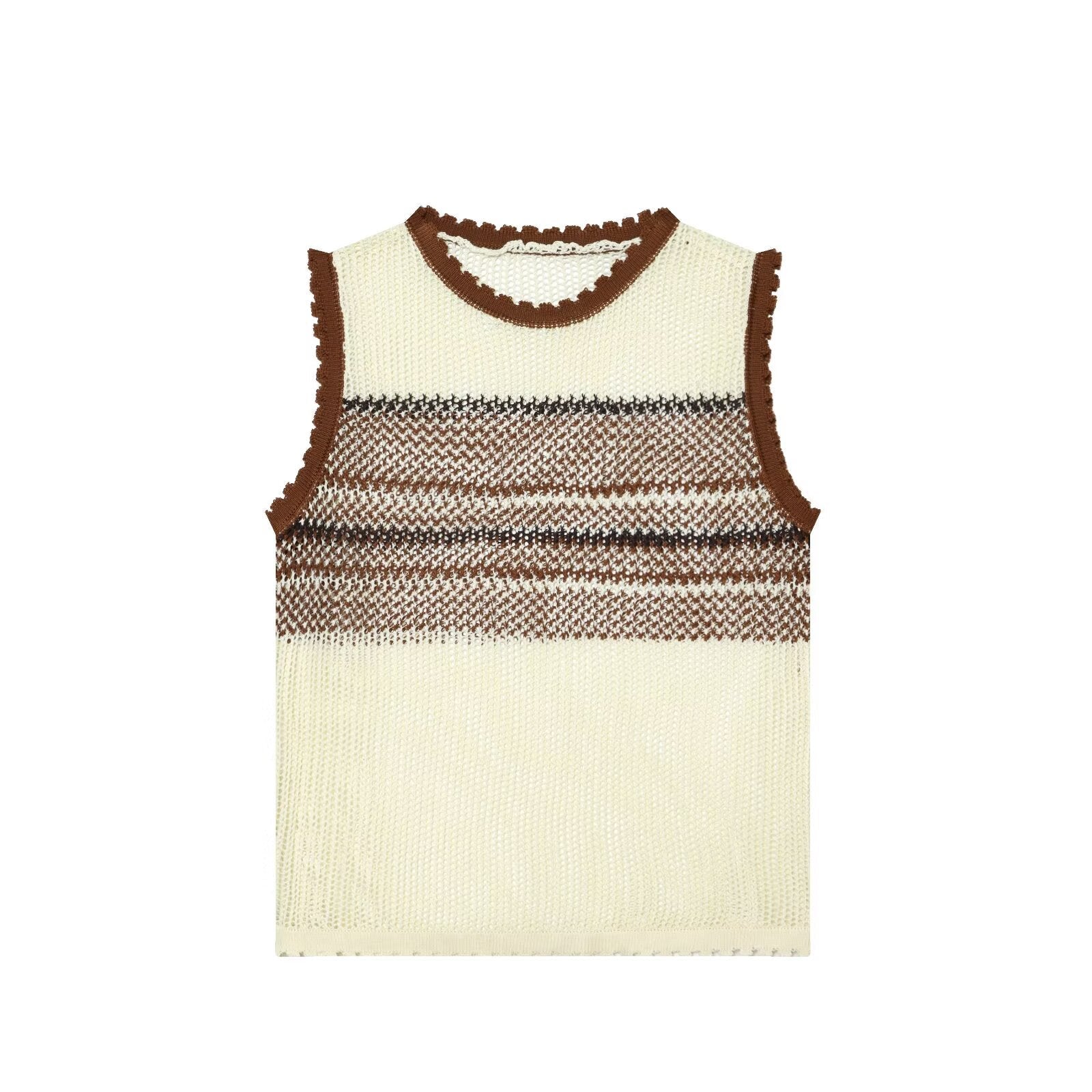 Women Clothing Summer Artistic Contrast Color Design round Neck Knitted Vest Top