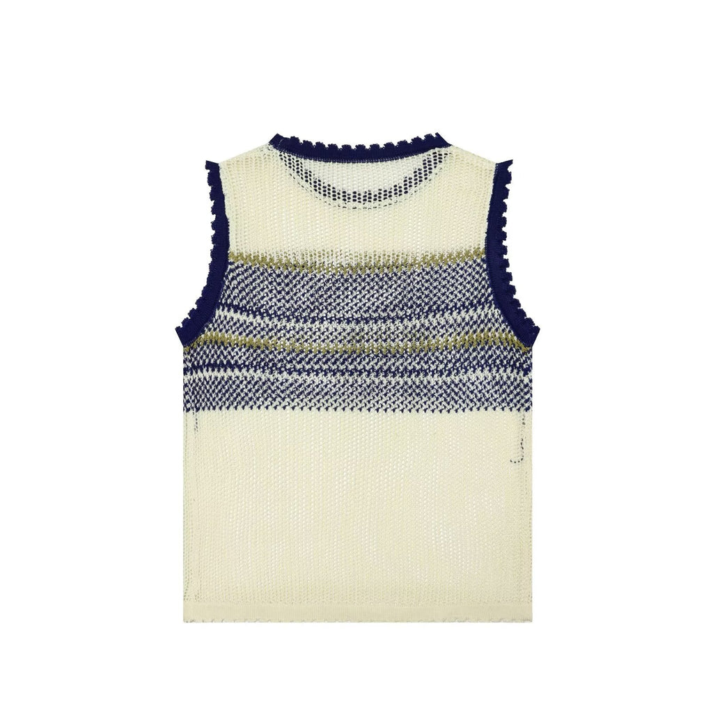 Women Clothing Summer Artistic Contrast Color Design round Neck Knitted Vest Top