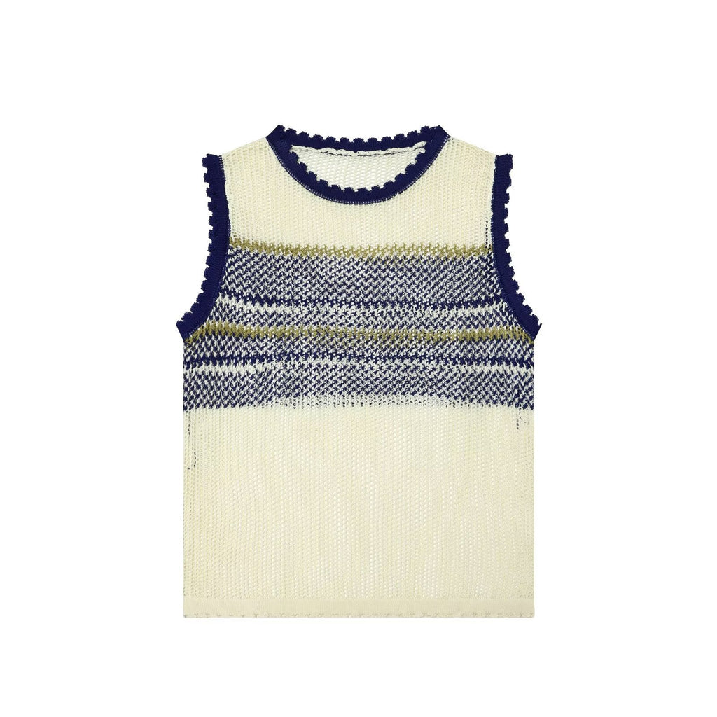 Women Clothing Summer Artistic Contrast Color Design round Neck Knitted Vest Top