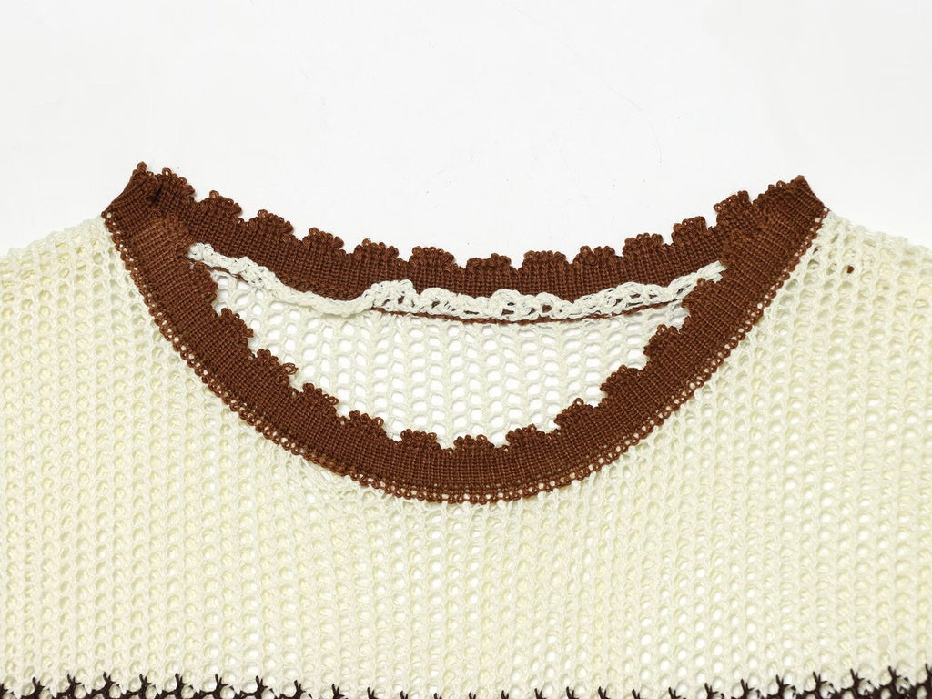 Women Clothing Summer Artistic Contrast Color Design round Neck Knitted Vest Top