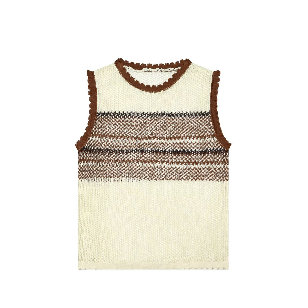 Women Clothing Summer Artistic Contrast Color Design round Neck Knitted Vest Top