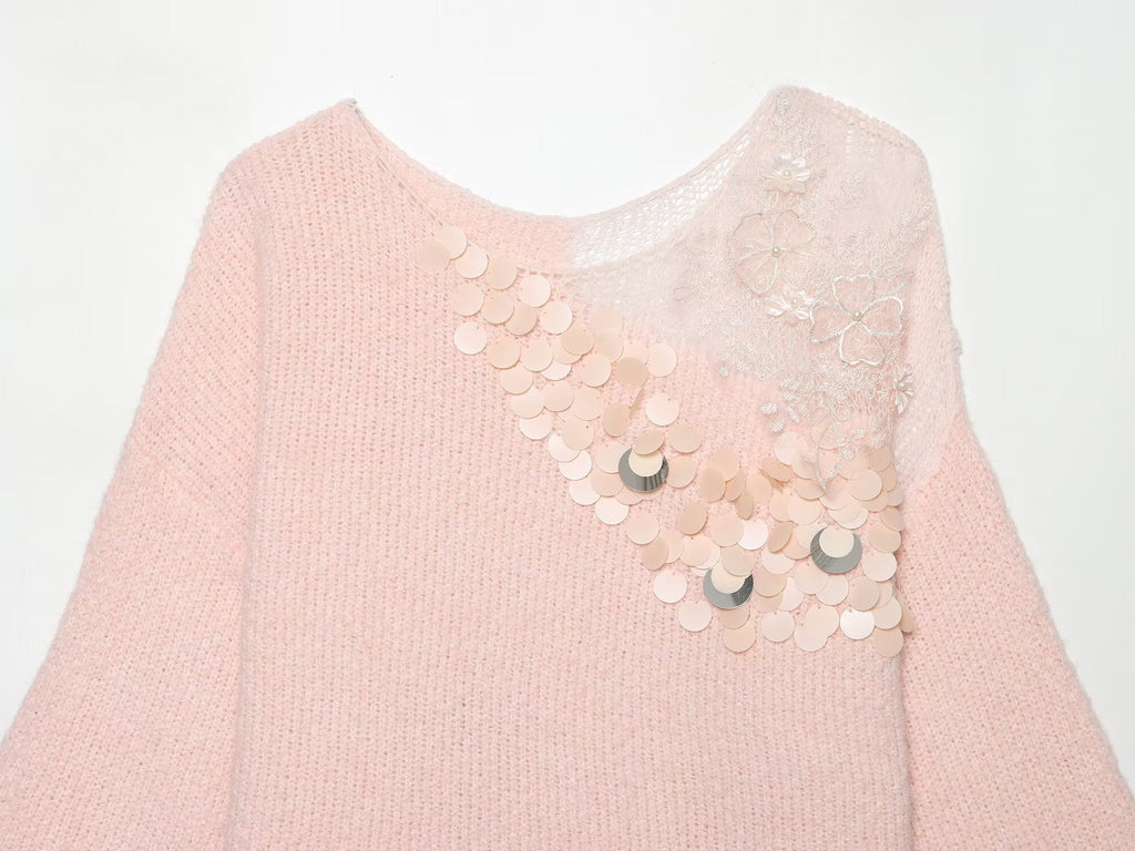 Women Clothing Summer French Gentle Handmade Sequin Accessories Sweater