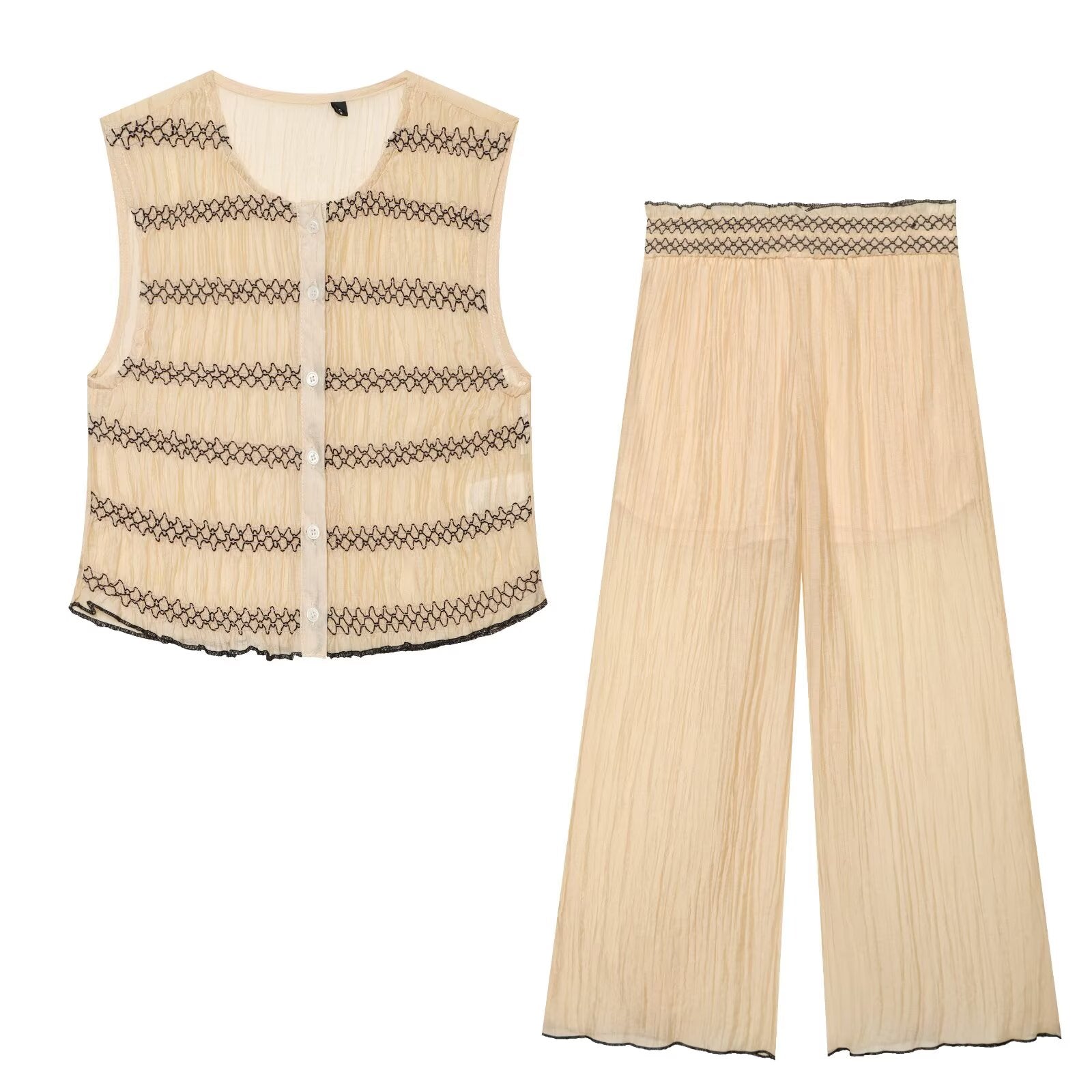Women Clothing Color Contrast Stitching Vest Top Wide Leg Pant Sets