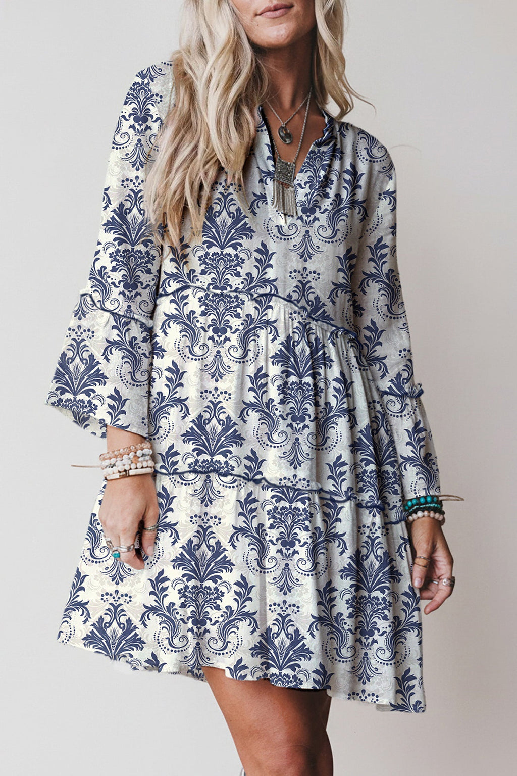 Sky Blue Boho Floral Mini Dress | Cotton 3/4 Sleeve