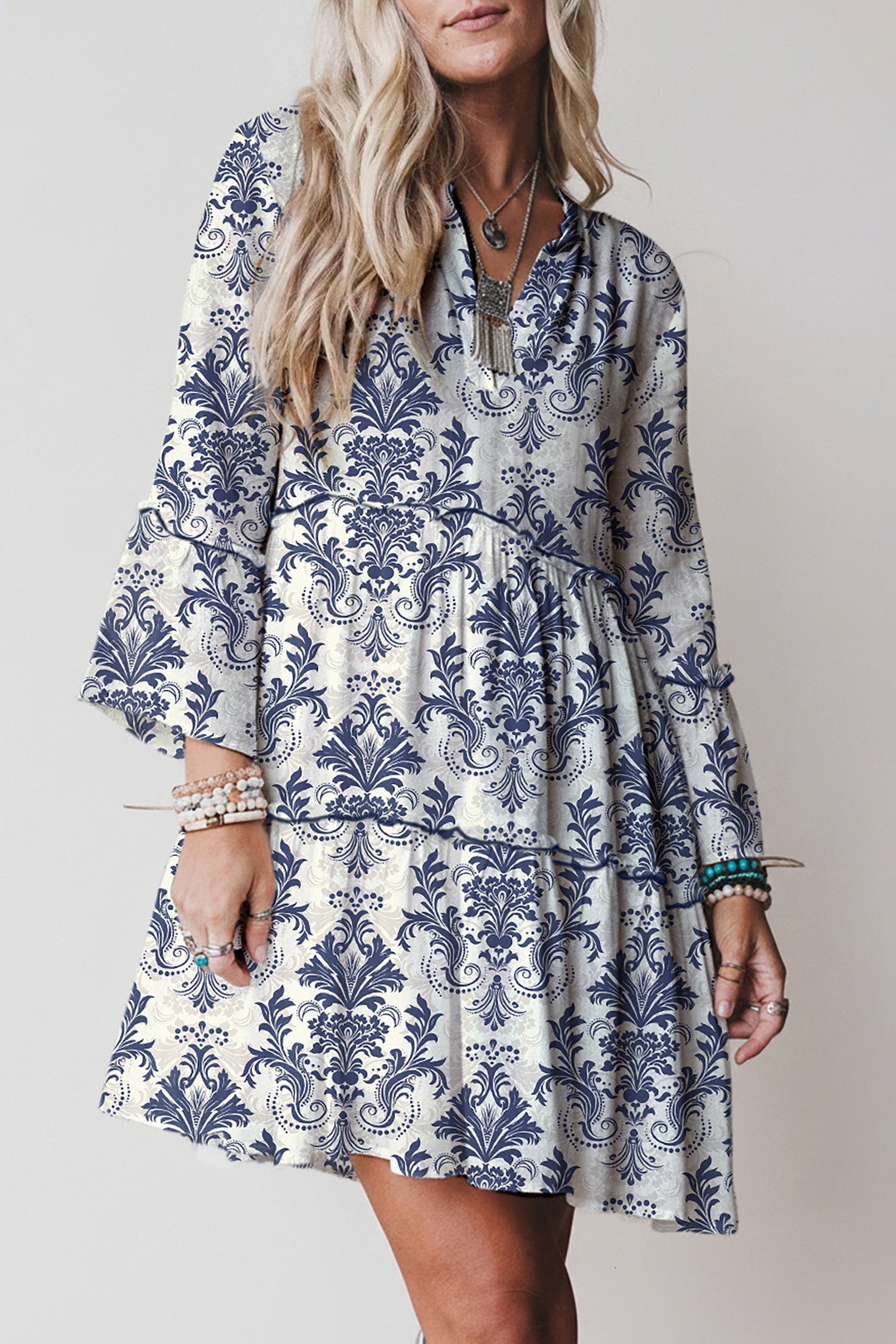 Sky Blue Boho Floral Mini Dress | Cotton 3/4 Sleeve