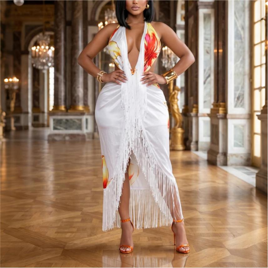 Women Clothing Shoulder Baring Halter Lace up Tube Top Printed Tassel Dress Irregular Asymmetric