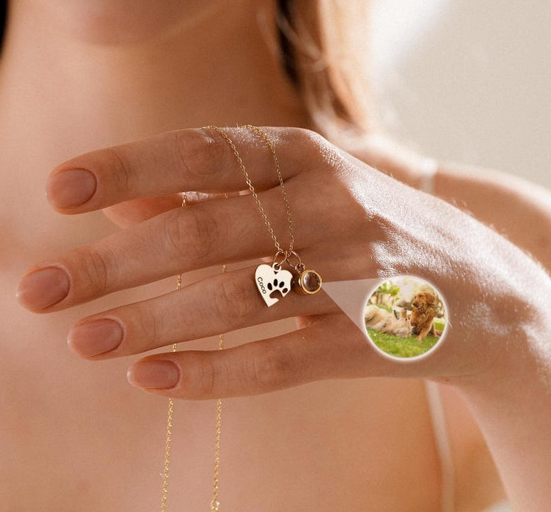 Gold heart and paw print pendant necklace with customizable photo space