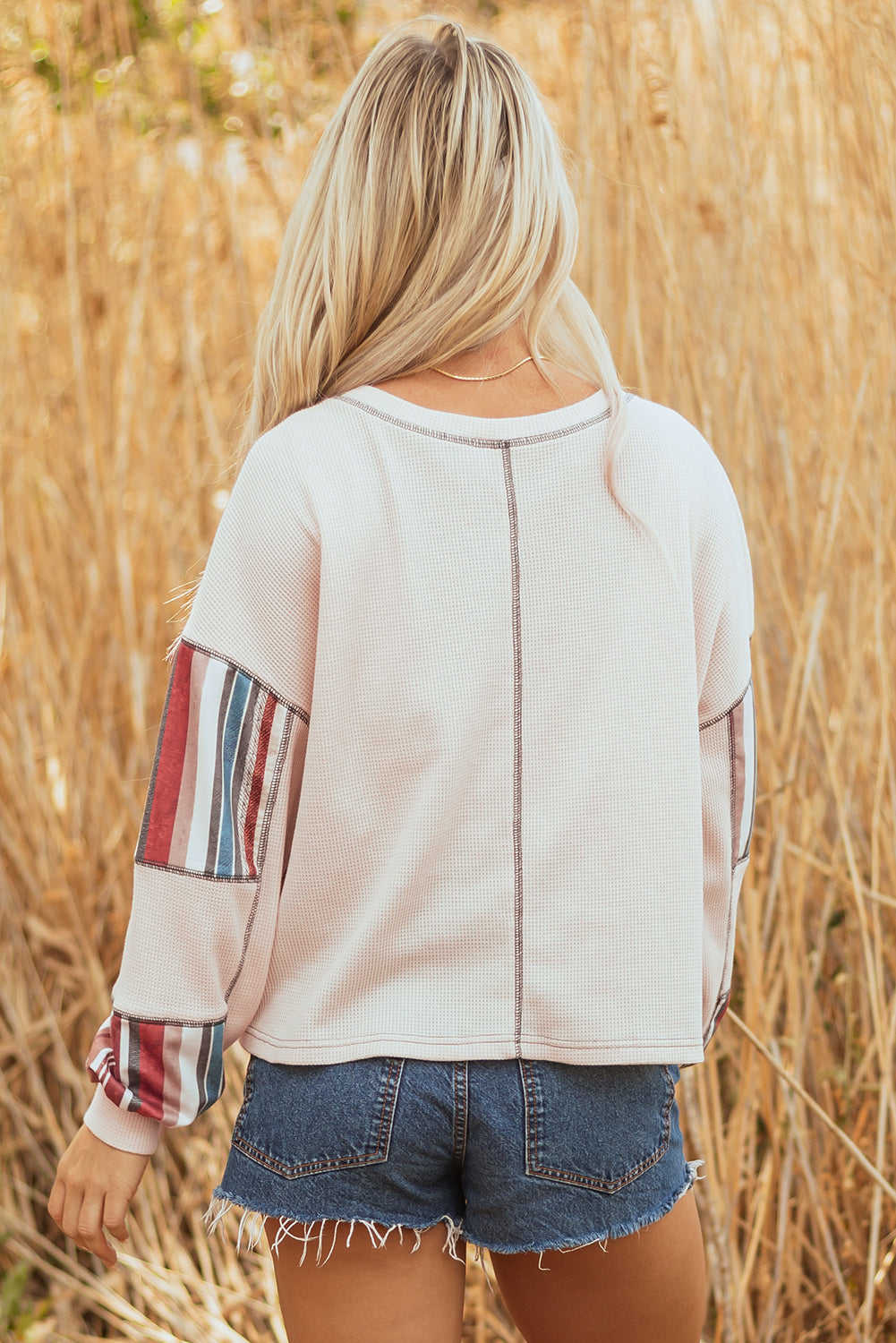 Stripe Waffle Knit Patchwork Raw Edge Henley Top