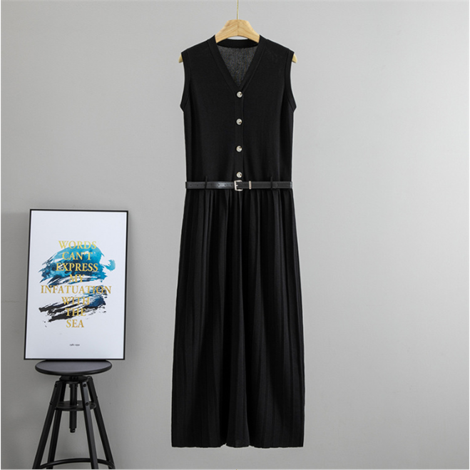 Summer Wear French Sleeveless Knitted Vest Pleated Elegant Dress Belt Cinched Slimming Maxi Dress Women