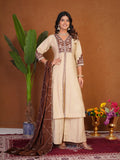 Elegant cream Roman silk kurta with multi-colored thread embroidery and hand work, paired with matching palazzo pants.