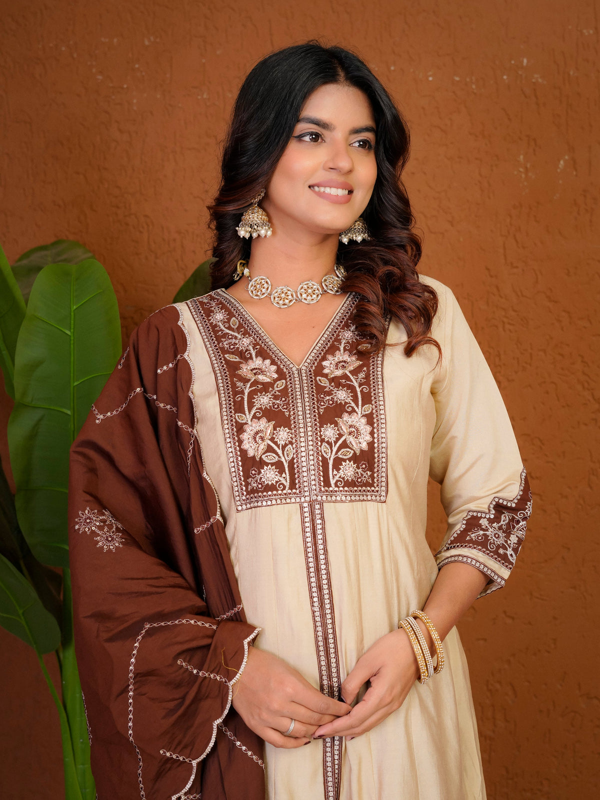 Cream Roman Silk Kurta Palazzo Set with Multi-Thread Hand Work