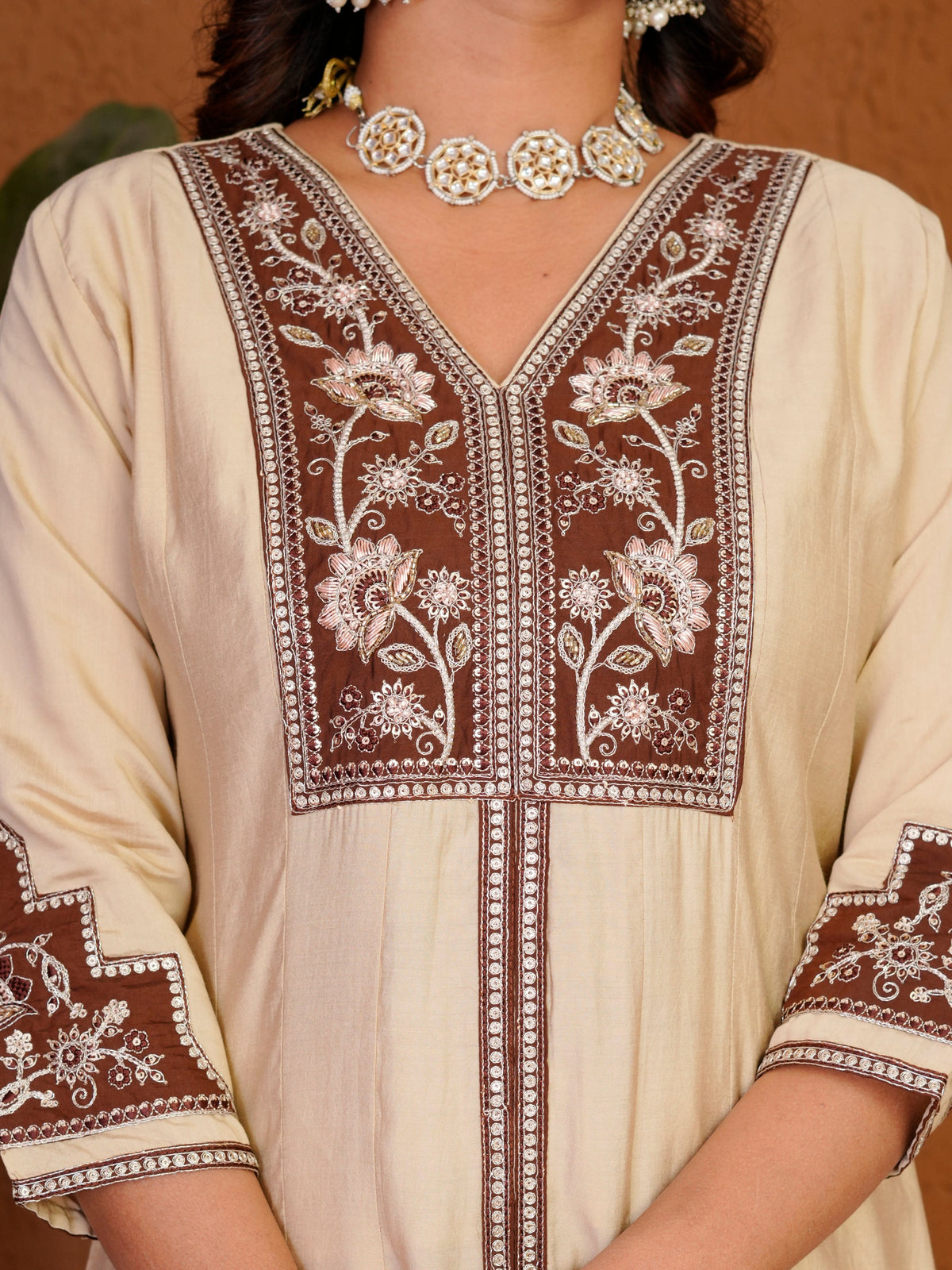 Cream Roman Silk Kurta Palazzo Set with Multi-Thread Hand Work