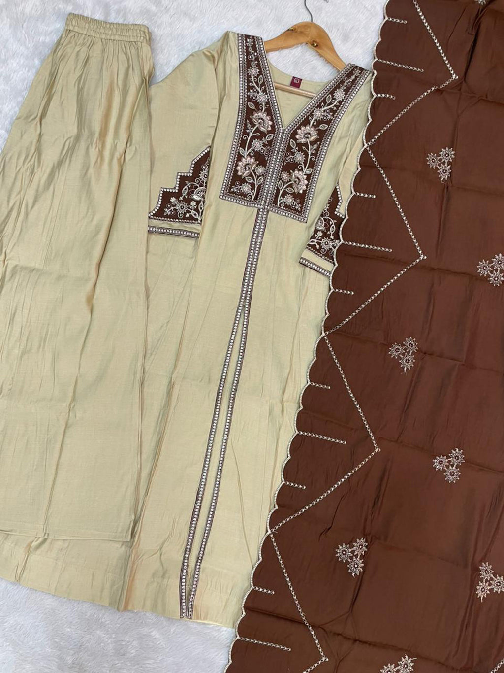 Cream Roman Silk Kurta Palazzo Set with Multi-Thread Hand Work
