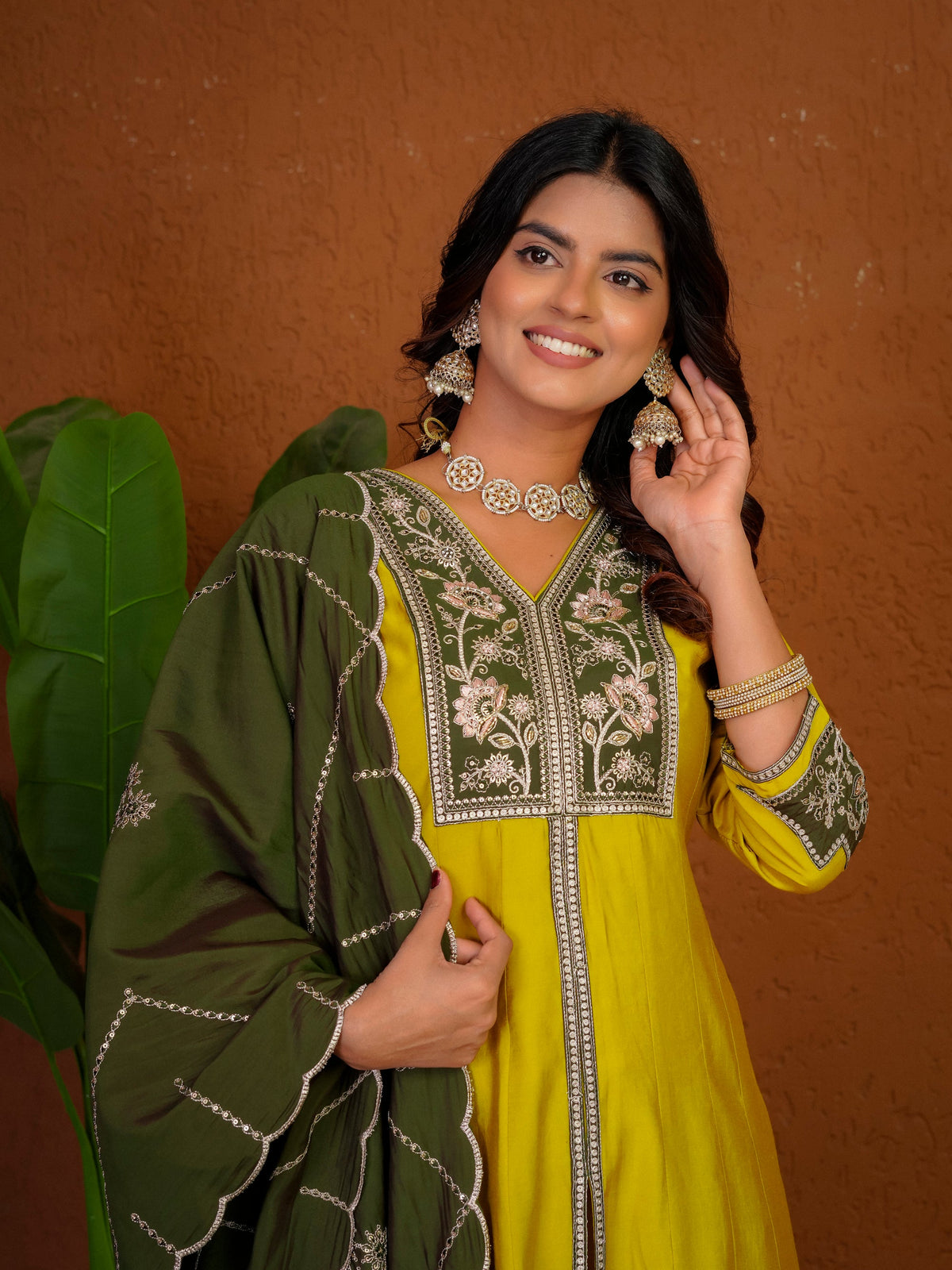 Mustard Roman Silk Kurta Set with Multi Embroidery and Hand Work