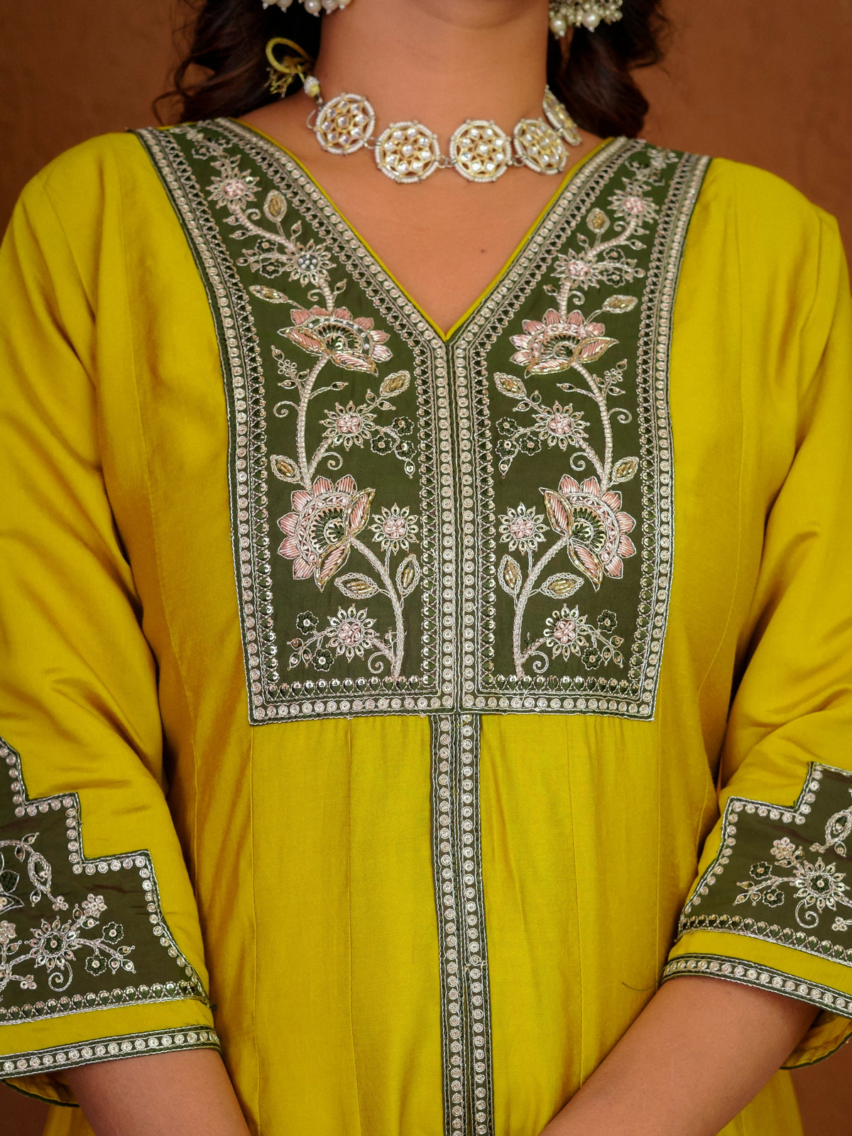 Mustard Roman Silk Kurta Set with Multi Embroidery and Hand Work