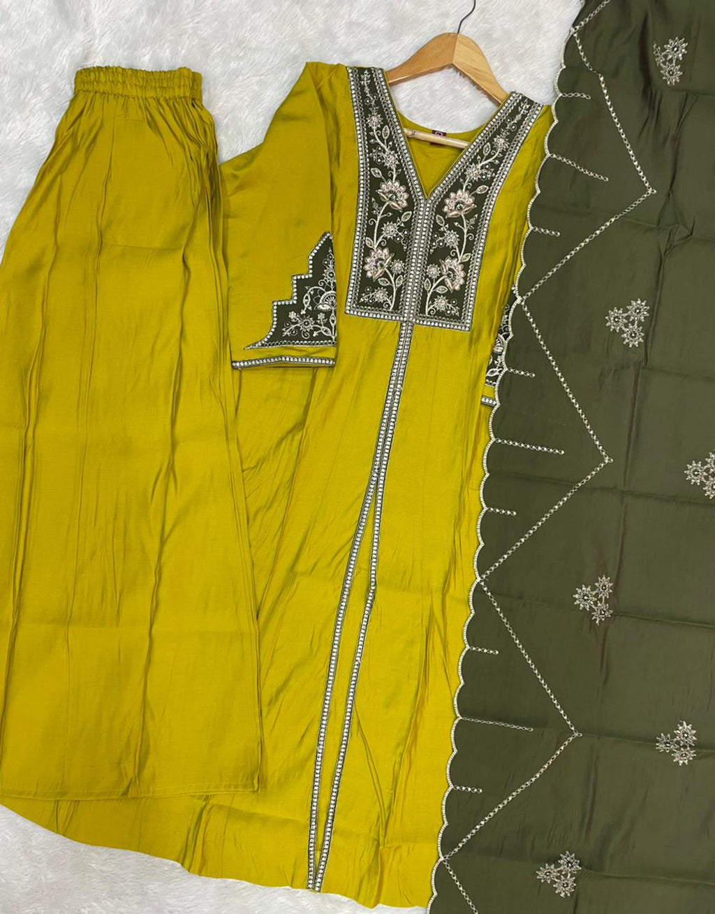 Mustard Roman Silk Kurta Set with Multi Embroidery and Hand Work