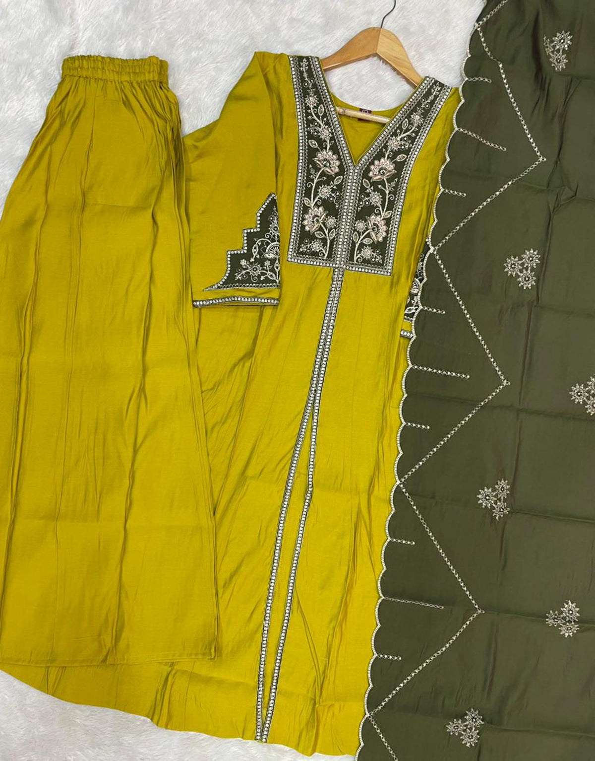 Mustard Roman Silk Kurta Set with Multi Embroidery and Hand Work