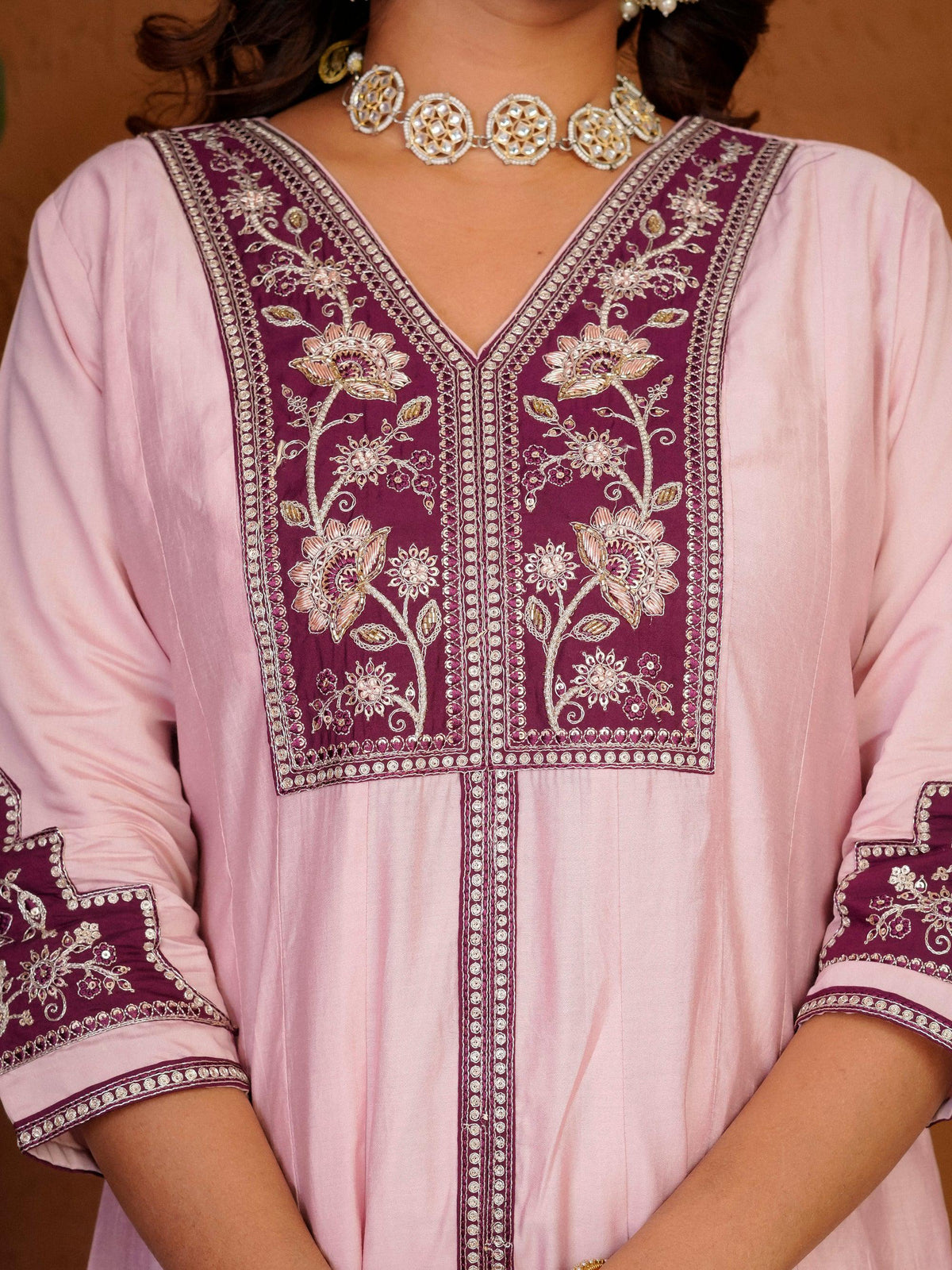 Pink Roman Silk Kurta Palazzo Set with Multi Embroidery Hand Work