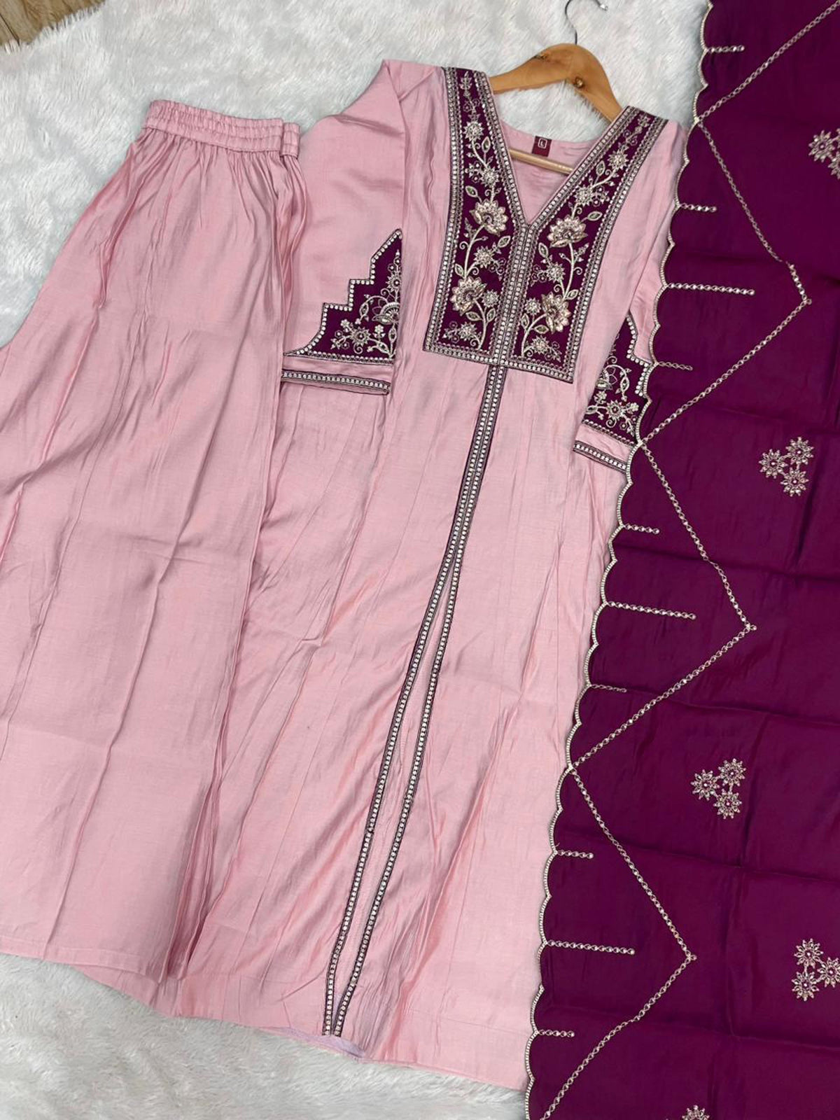 Pink Roman Silk Kurta Palazzo Set with Multi Embroidery Hand Work