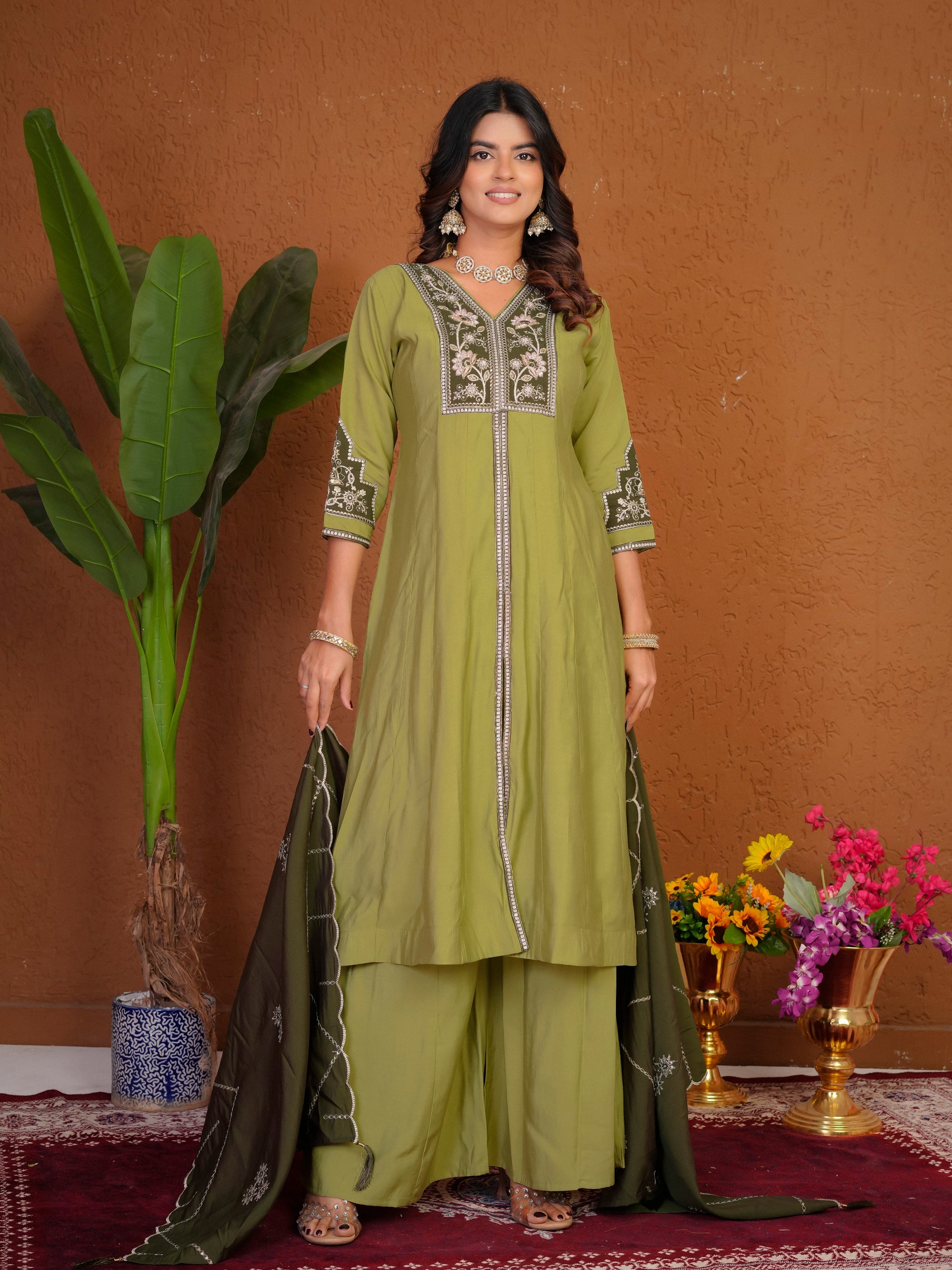 Pista Roman Silk Kurta Palazzo Set with Multi-Thread Embroidery