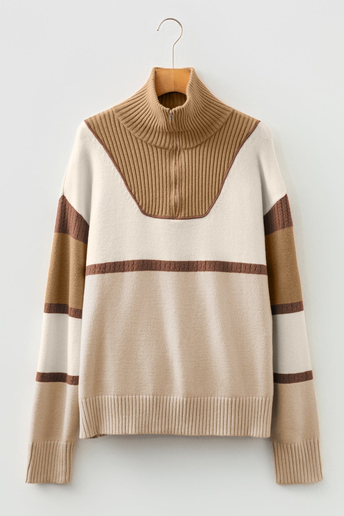 Colorblock Stripe Quarter Zip Collared Sweater