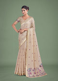 Beige and pink cotton silk saree with woven butti design and golden zari border