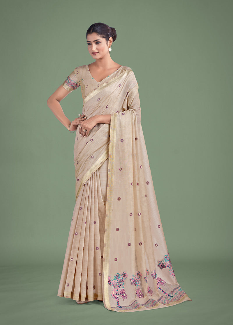 Beige and pink cotton silk saree with woven butti design and golden zari border