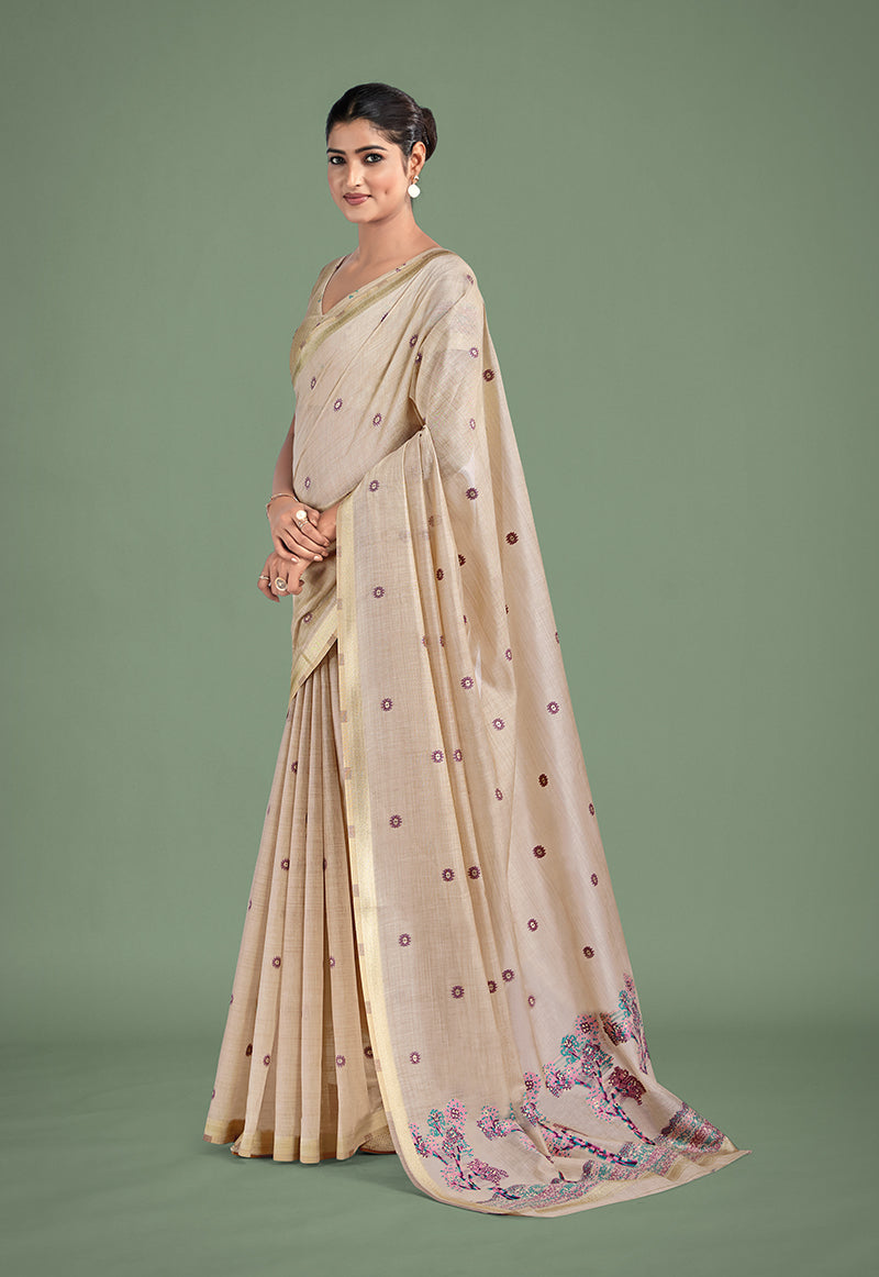 Beige & Pink Cotton Silk Woven Butti Pattern Saree