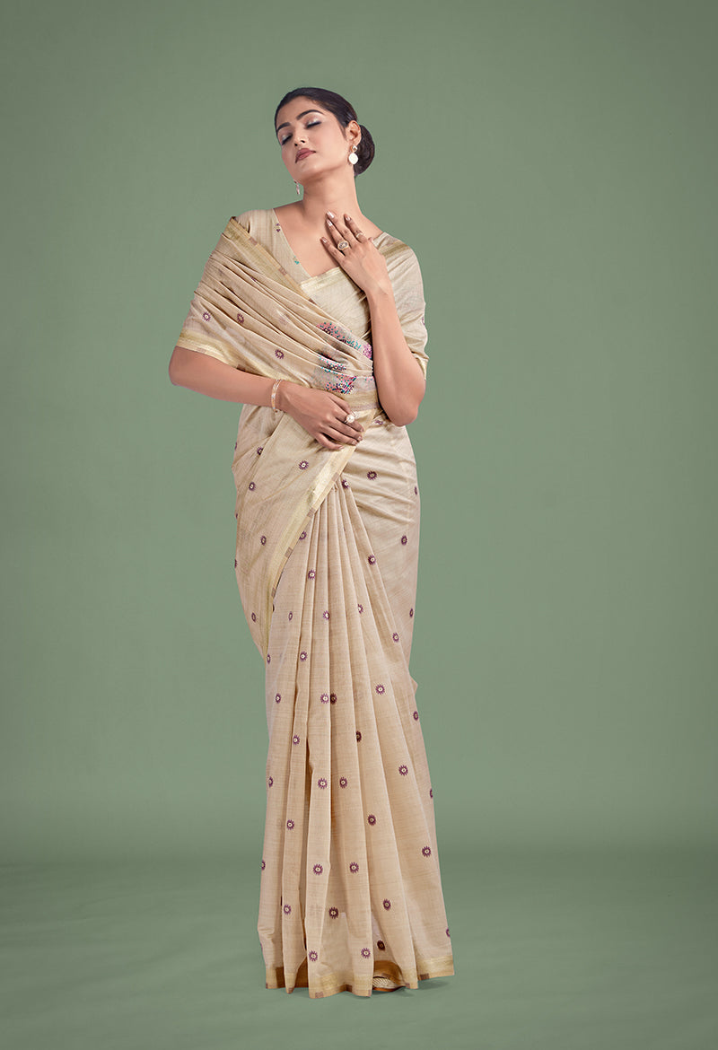 Beige & Pink Cotton Silk Woven Butti Pattern Saree
