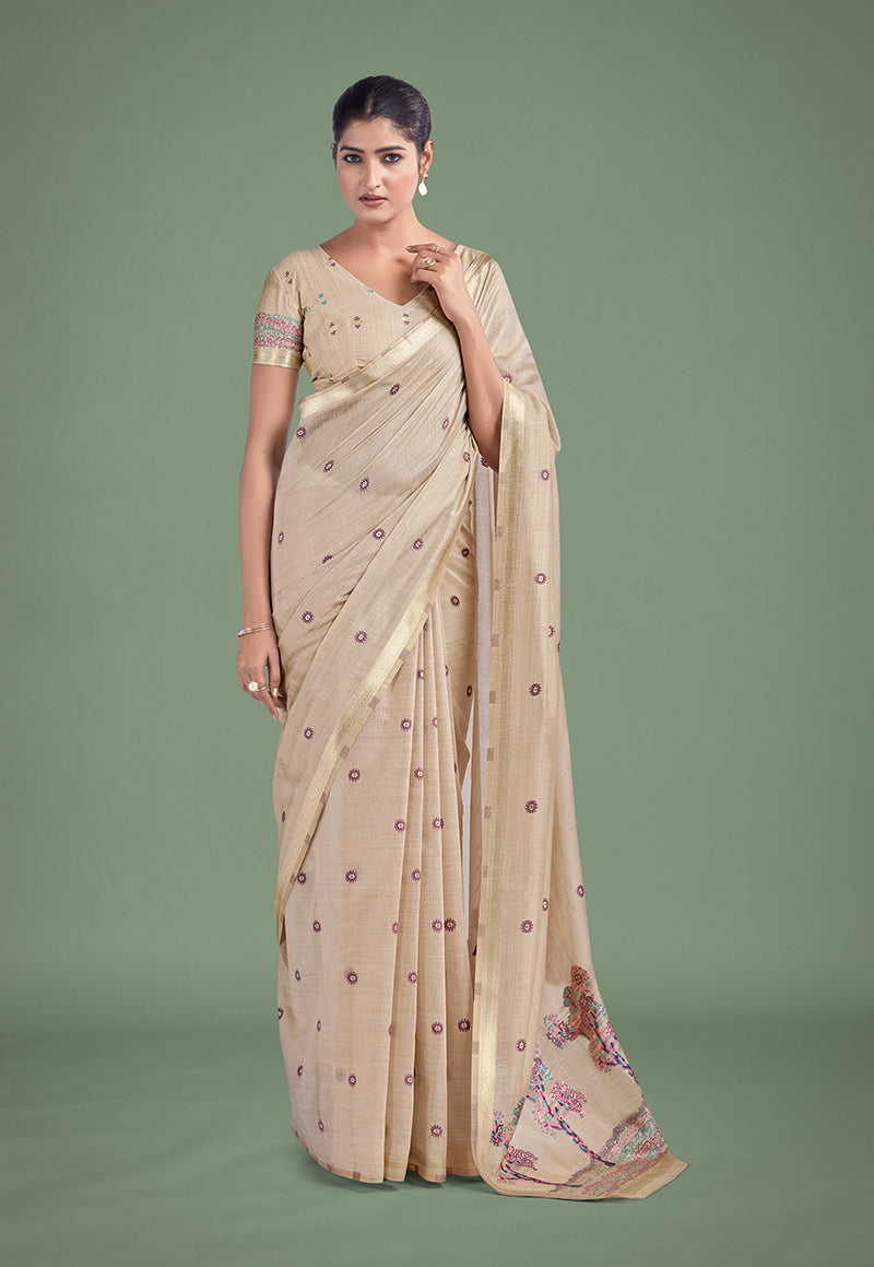 Beige & Pink Cotton Silk Woven Butti Pattern Saree