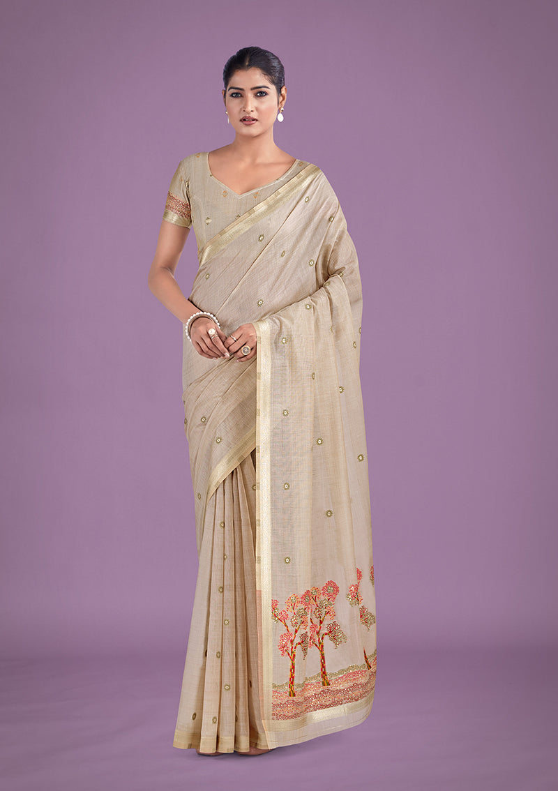 Beige and red cotton silk saree with woven butti patterns and golden zari border