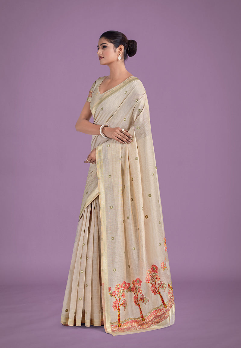 Beige and Red Cotton Silk Saree with Woven Butti and Zari Border